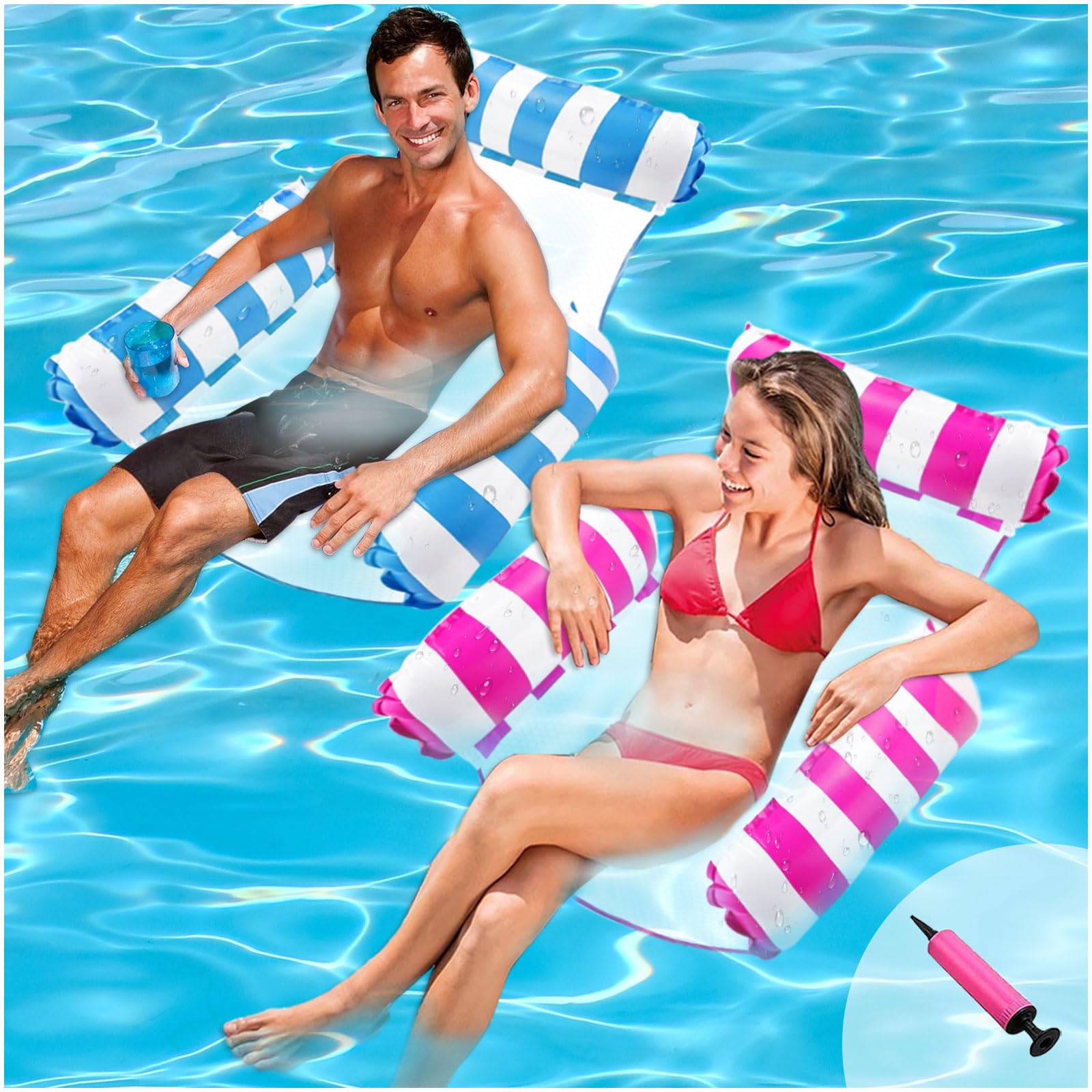 2 Pack Pool Inflatables for Adults Lilo Pool Inflatables, 4 in 1 Water Hammock Swimming Pool Floats with Air Pump