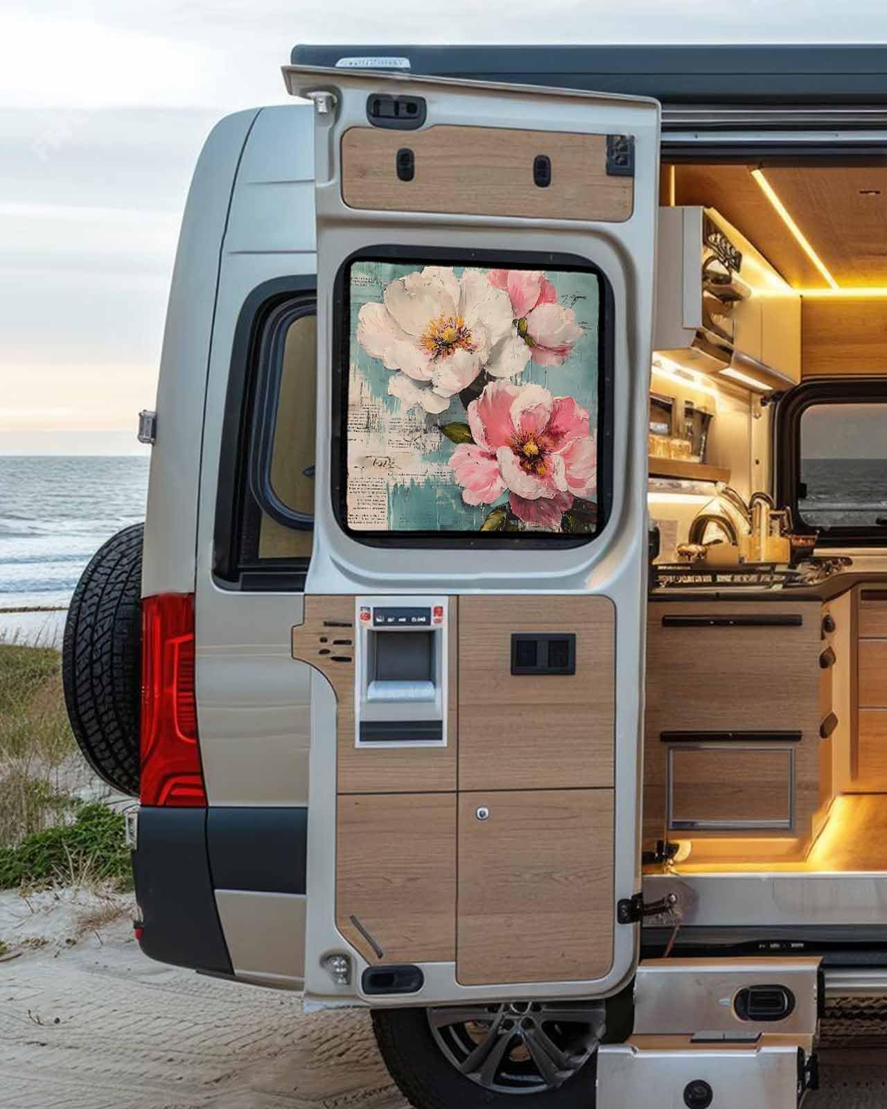 LEOKOTI RV Door Window Shade, Pink White Spring Floral Blackout RV Window Shades Foldable, Summer Botanical Vintage Flower Privacy Insulation Car Covers for Camper 16