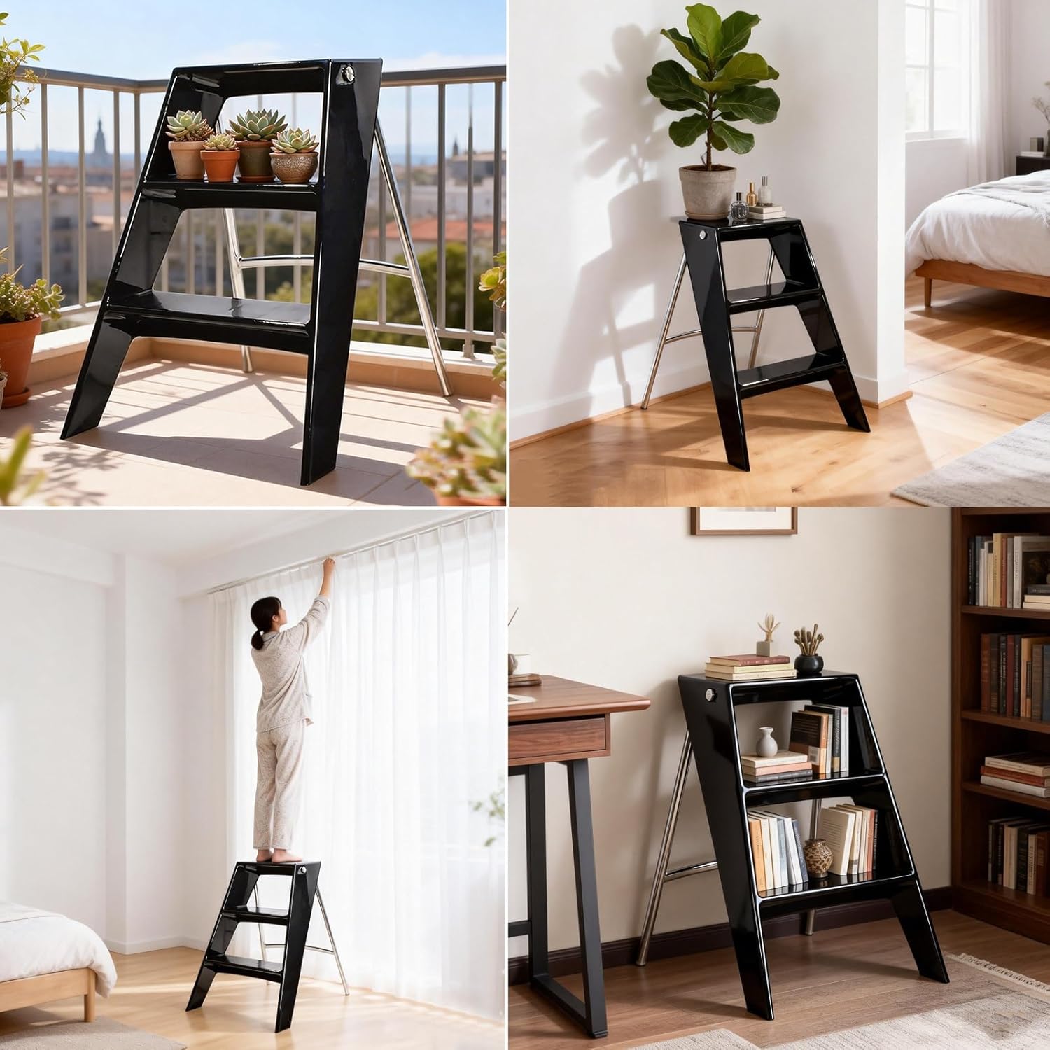 L44xW52xH63cm Black Portable Three-Step Ladder Acrylic Folding Step Stool Multi-Function Storage Rack Plastic Step Stool Chrome-Plated Triangular Support