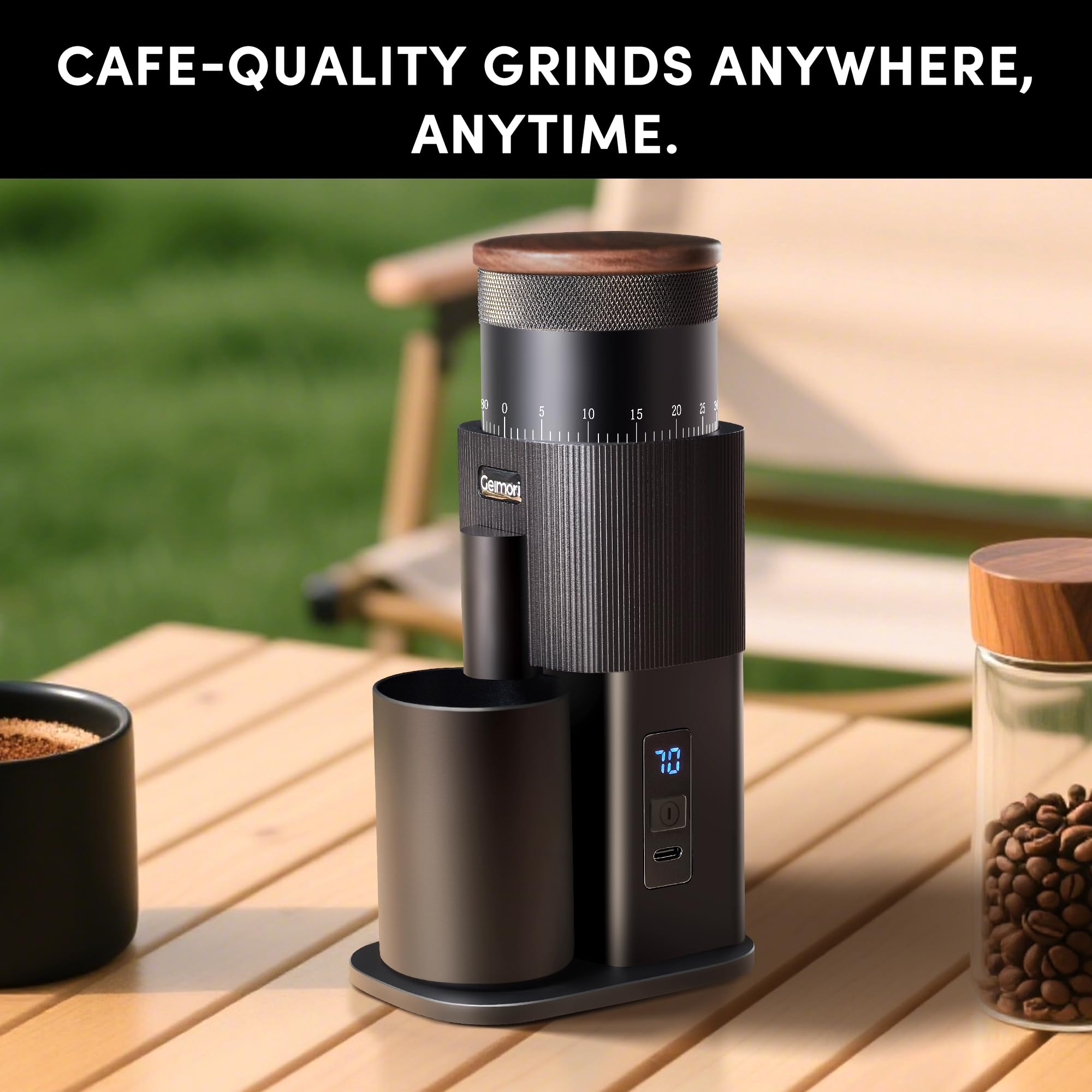 wirsh - Molinillo de café eléctrico portátil, inalámbrico, recargable, Geimori T38 con rebaba cónica de 6 núcleos de 38 mm, ajustes de molienda para espresso, vertido, prensa francesa, camping, viajes