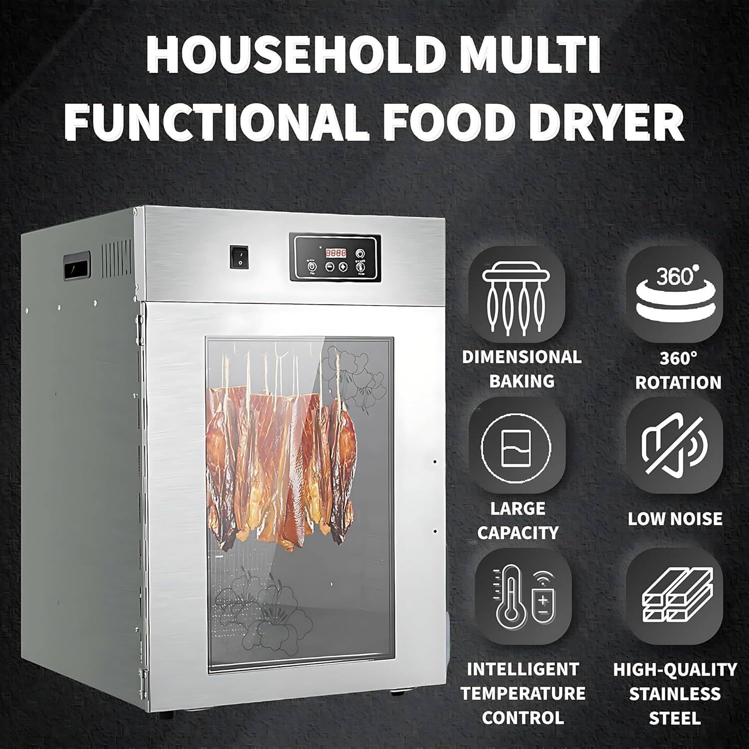 Deshidratador De Alimentos Giratorio De 360° Con Control De Temperatura 30-90 ℃, Caja De Acero Inoxidable Con Ganchos 14/30, Panel De Control LED, Capacidad De Secado 15/30 Kg 15kg/time-Standard