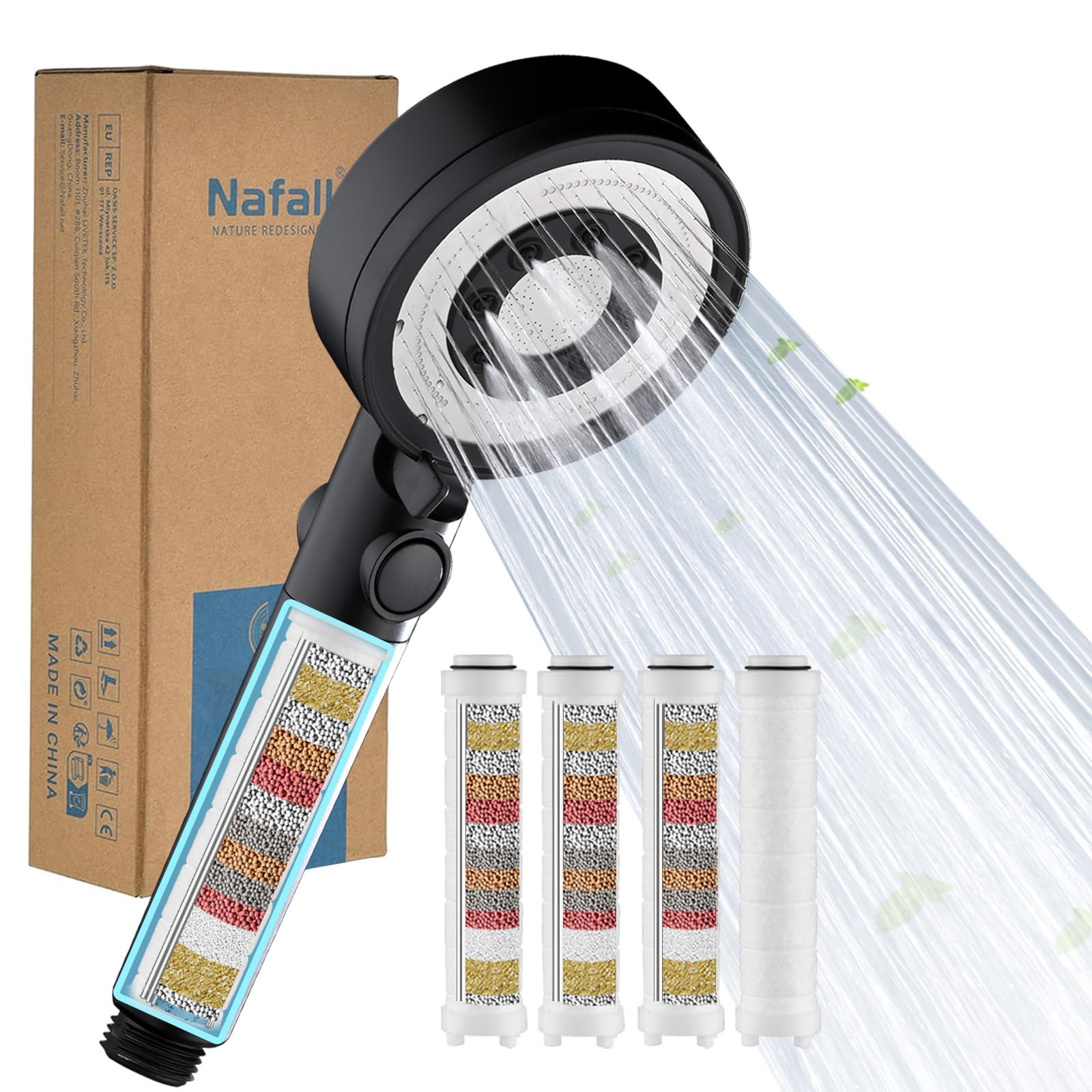 Soffione Doccia Nero Alta Pressione con 4 PP Filtro, 5 Modi | Doccino doccia alta pressione filtra cloro residuo, batteri, metalli pesanti altro, universale g1/2, funzione arresto