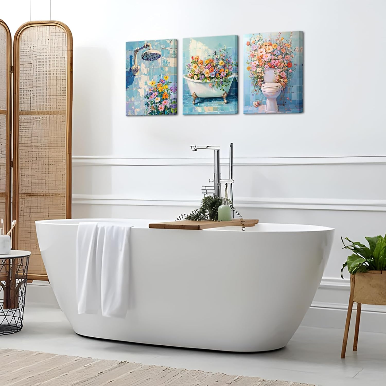 LyerArtork 3 Pieces Bathroom Wall Art Canvas Prints Botanical Floral Pictures Shower Bathtub Toilet with Colorful Flowers Painting Blue Wall Decor for Bathroom Shower Room 12"x16"x3