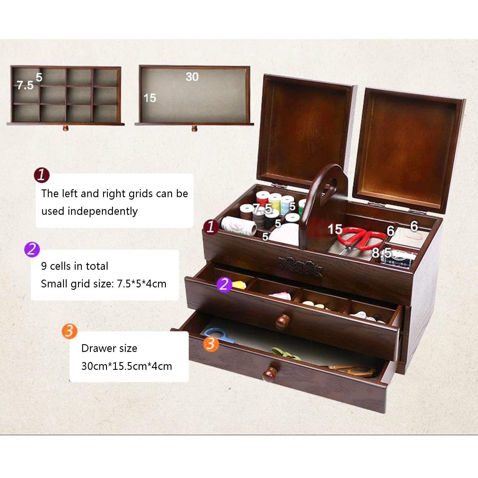 Scatola da Cucito in Legno, Cestini da Cucito Grandi con 2 Cassetti, Organizer per Strumenti da Cucito con Scomparto, Facile da Trasportare, per La Casa E Il Ricamo (Scatola Vuota)