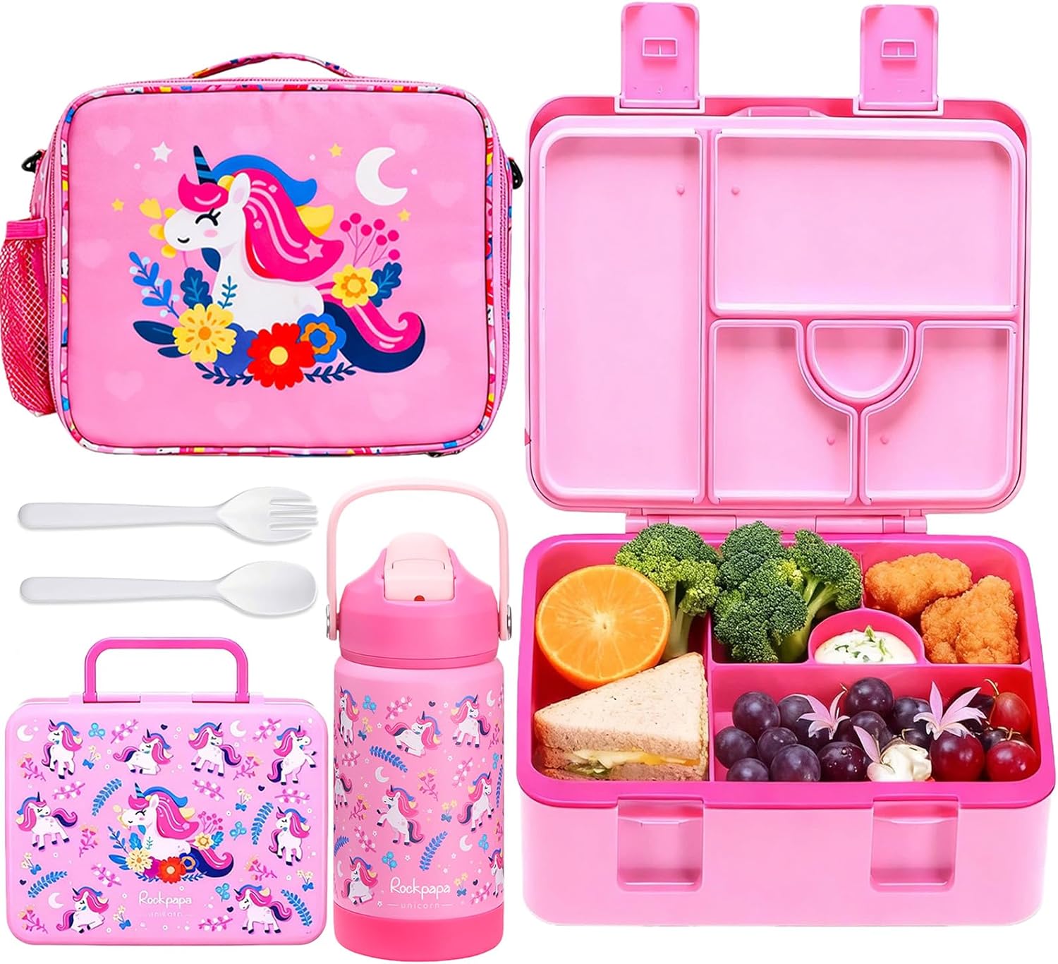 rockpapa Kids Lunch Box Set with 14oz Insulated Water Bottle & Lunch Bag, Leakproof 5.5 Cups Bento Box for School & Children, BPA-Free, Microwave Safe for Boys Girls (Pink Unicorn)