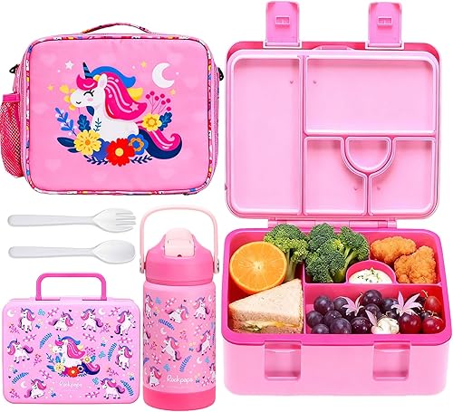 Miniatura 20 de rockpapa Fiambrera Bento de 5 compartimentos para niños con utensilios y botella de agua aislada y bolsa de almuerzo con correa, juego de Dinosaurio