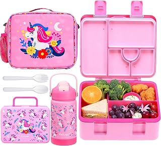 rockpapa Kids Bento Lunch Box Set with Insulated Water Bottle, Pink Unicorn | Leakproof 5.5Cups Bento Box, 14oz Insulated Water Bottle, Insulated Lunch Bag, for Boys, Girls, Back to School