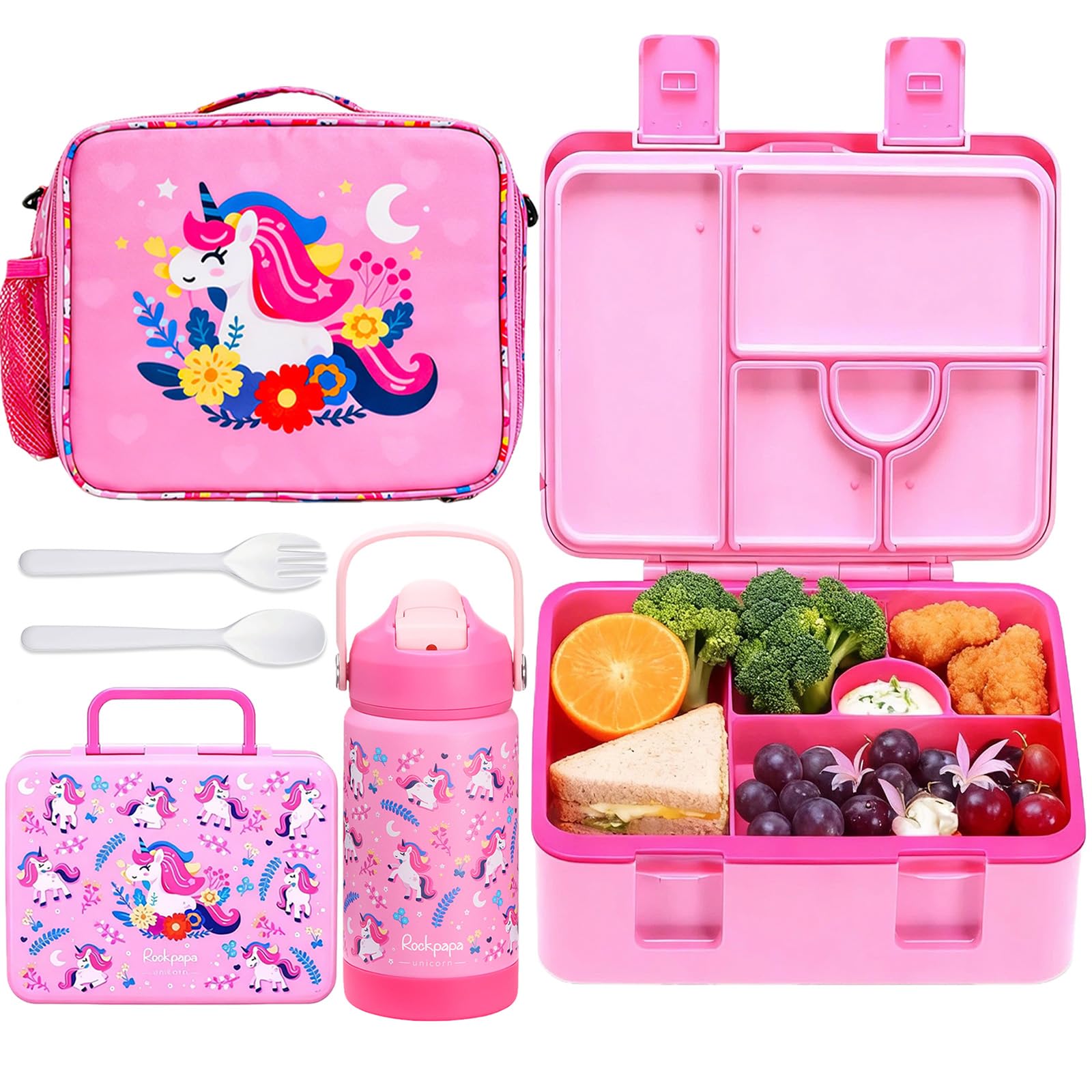 rockpapa Kids Bento Lunch Box Set with Insulated Water Bottle, Pink Unicorn