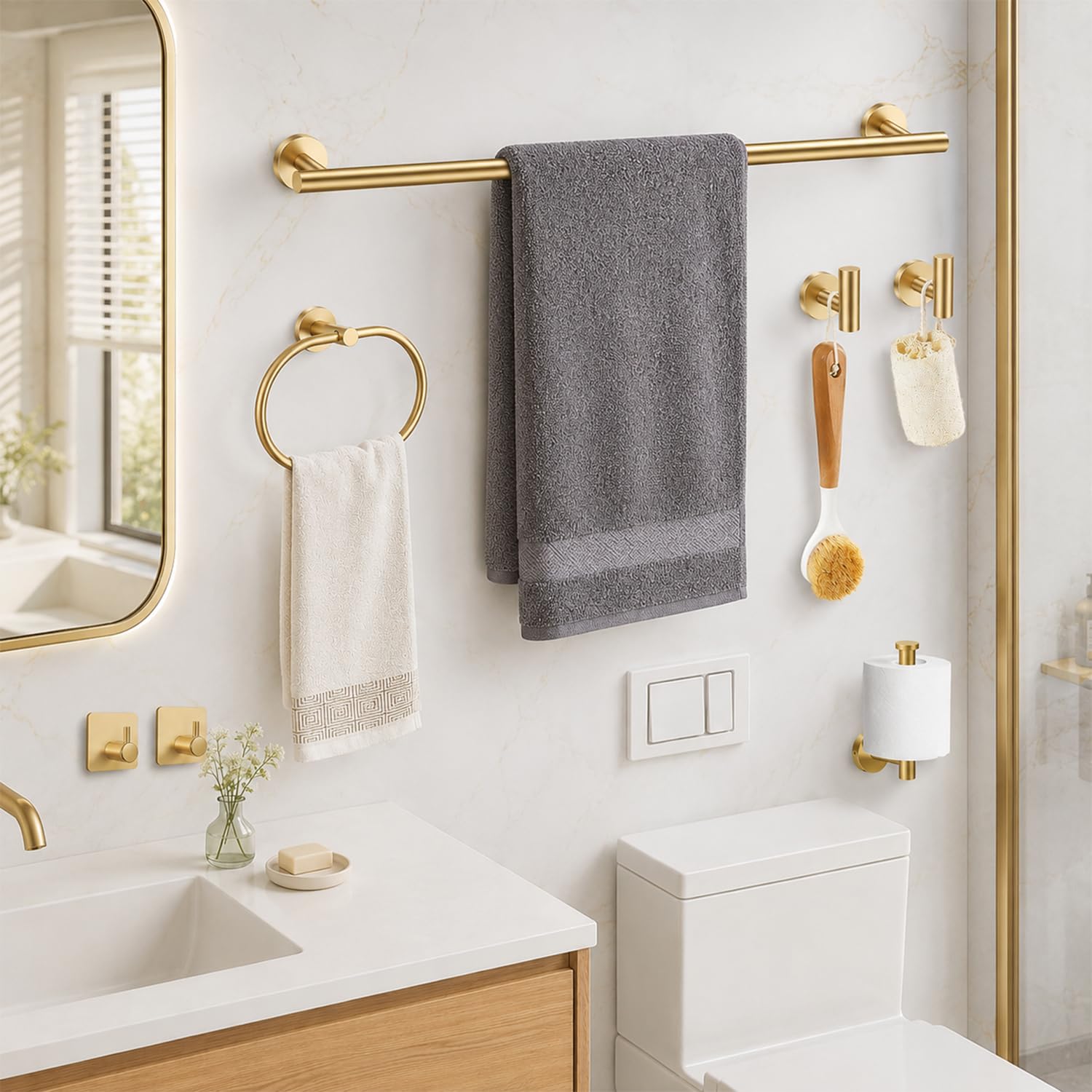 Brushed Gold Bathroom Accessories Set, 7 Pieces Gold Towel Bar Bathroom Hardware Set, 31.5 Inch Towel Racks for Bathroom, SUS304 Stainless Steel Bathroom Towel Holder Toilet Paper Holder Wall Mounted — Amazon image 2