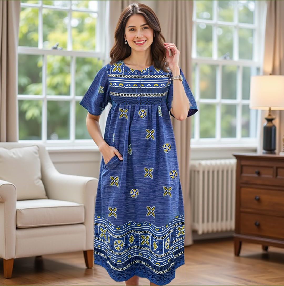 Loungees Border Print Cotton Lounge DressHouse DressCaftan | 3 Button Bib Yoke Short Sleeve product thumbnail 4
