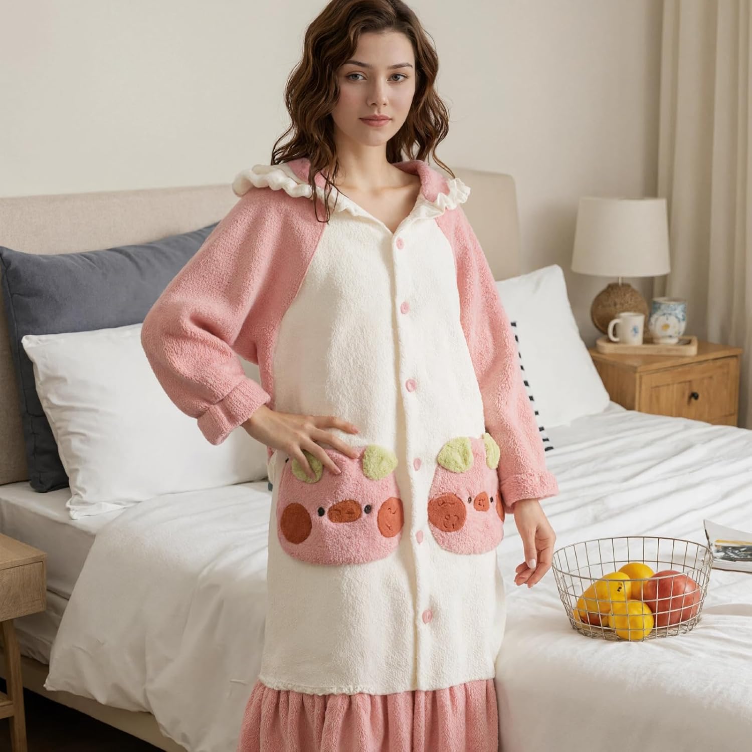 Pink Fuzzy Winter Bathrobe for Women Animal Soft Plush Hooded Robe Warm Cozy Fleece Loungewear for Home Dorm Wear