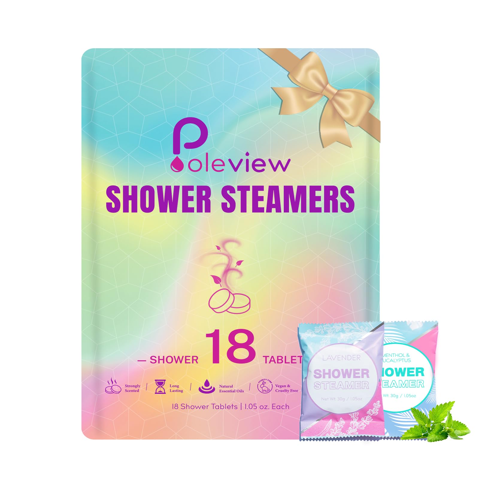 Poleview Shower Steamers Aromatherapy, 18 Pack Lavender, Menthol & Eucalyptus Shower Bombs with Essential Oils for Relaxation & Home Spa, Stress Relief Gifts for Women Men and Girlfriend