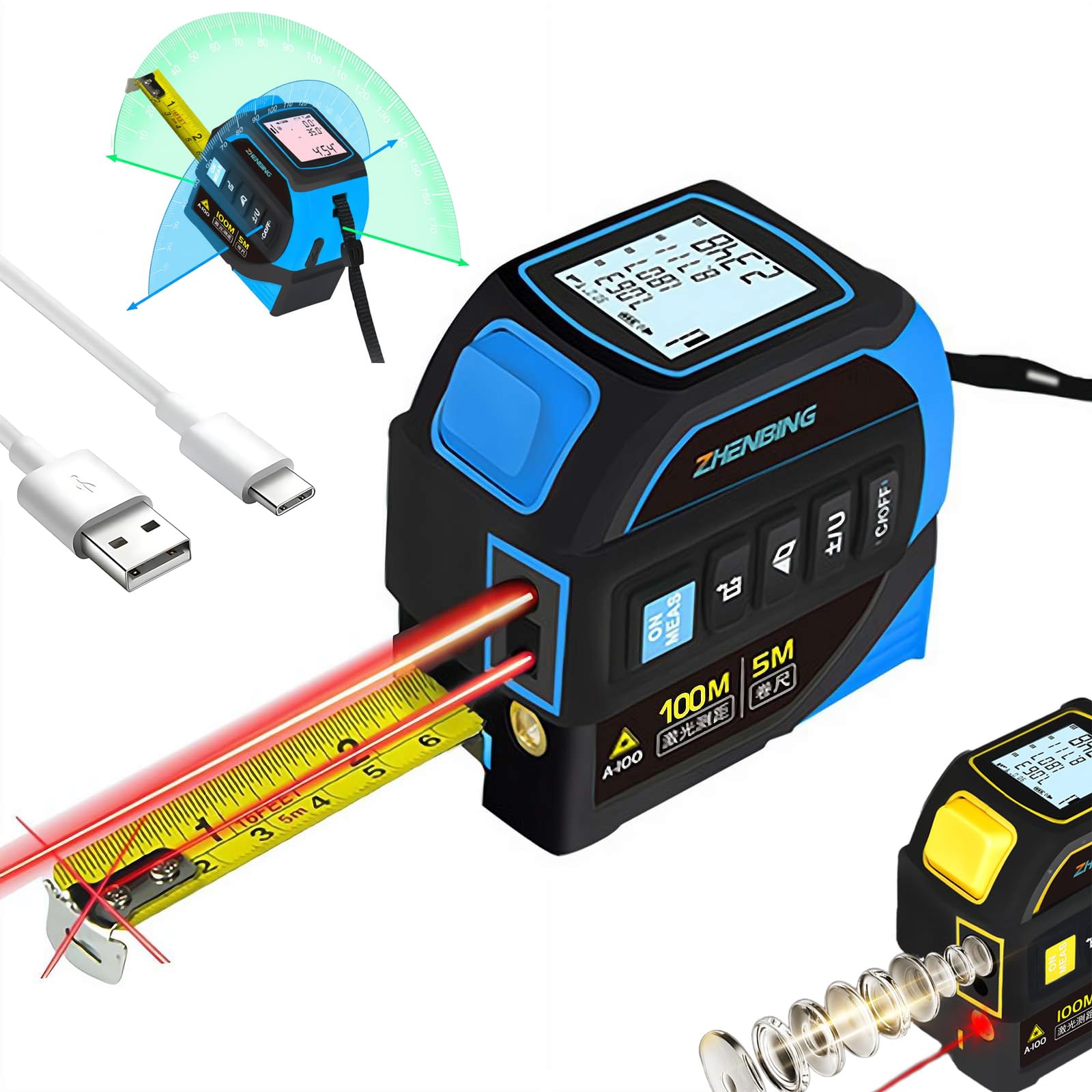 Mètre ruban 4 en 1 avec réticule de niveau, écran LCD rétroéclairé, haute précision ± 2 mm, rechargeable, pour bricolage et construction, mesure 40/60/80/100 m