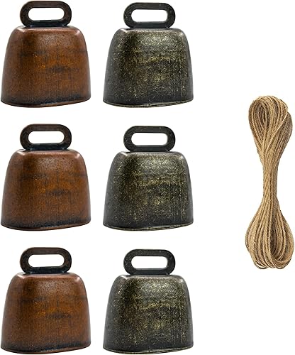 MrMrKura Paquete de 6 campanas de cobre de pastoreo de vaca, caballo, oveja, campanas pequeñas de latón con cuerda de cáñamo, ganado, cabra, cabras,