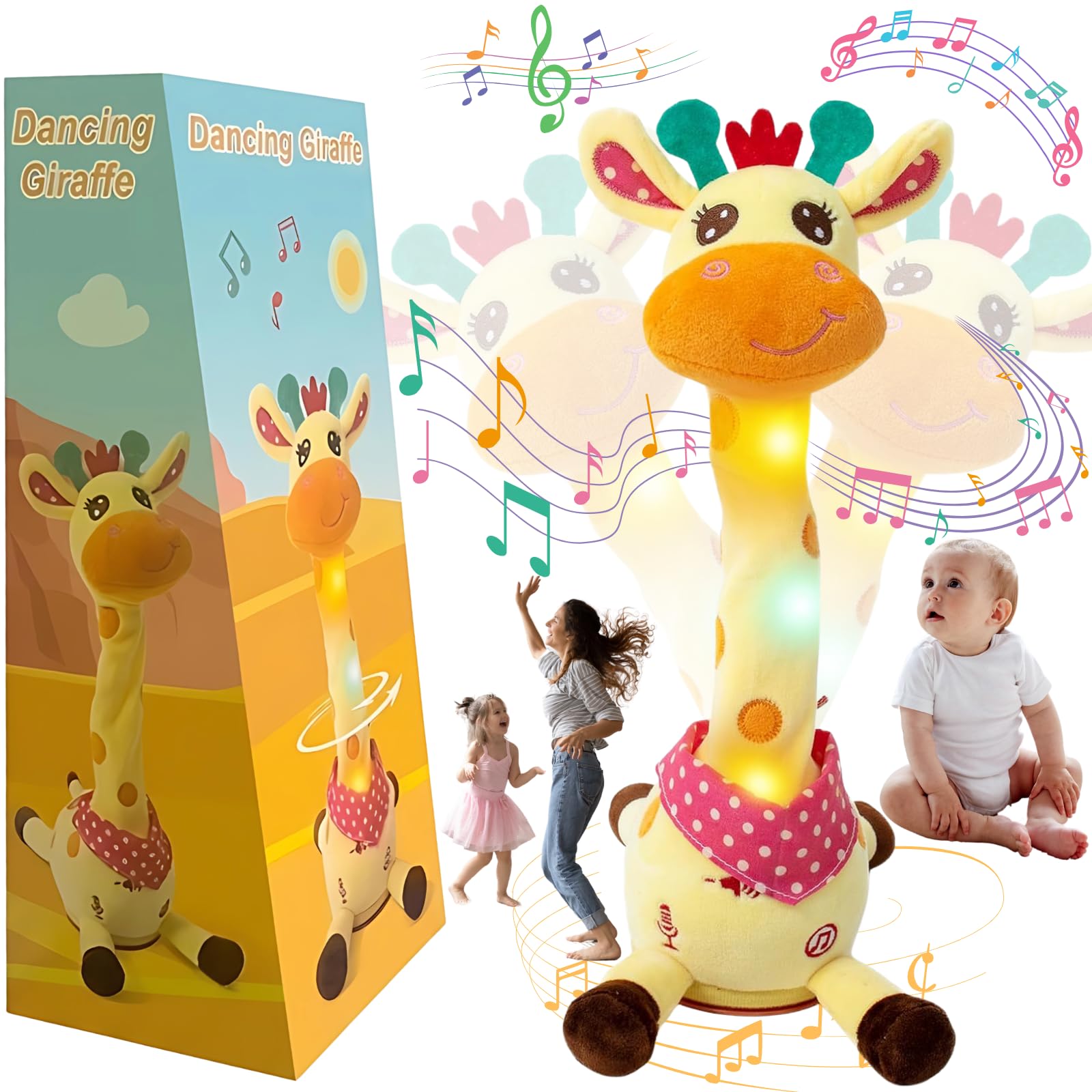 Singing Dancing Giraffe Toy, Talking Giraffe Toy, Repeats What You Say, Interactive Baby Toy, Voice Recording, Light-up Sensory Plush Toys Gifts for Baby Boys Girls Kids, Children's Songs, Volume+/-