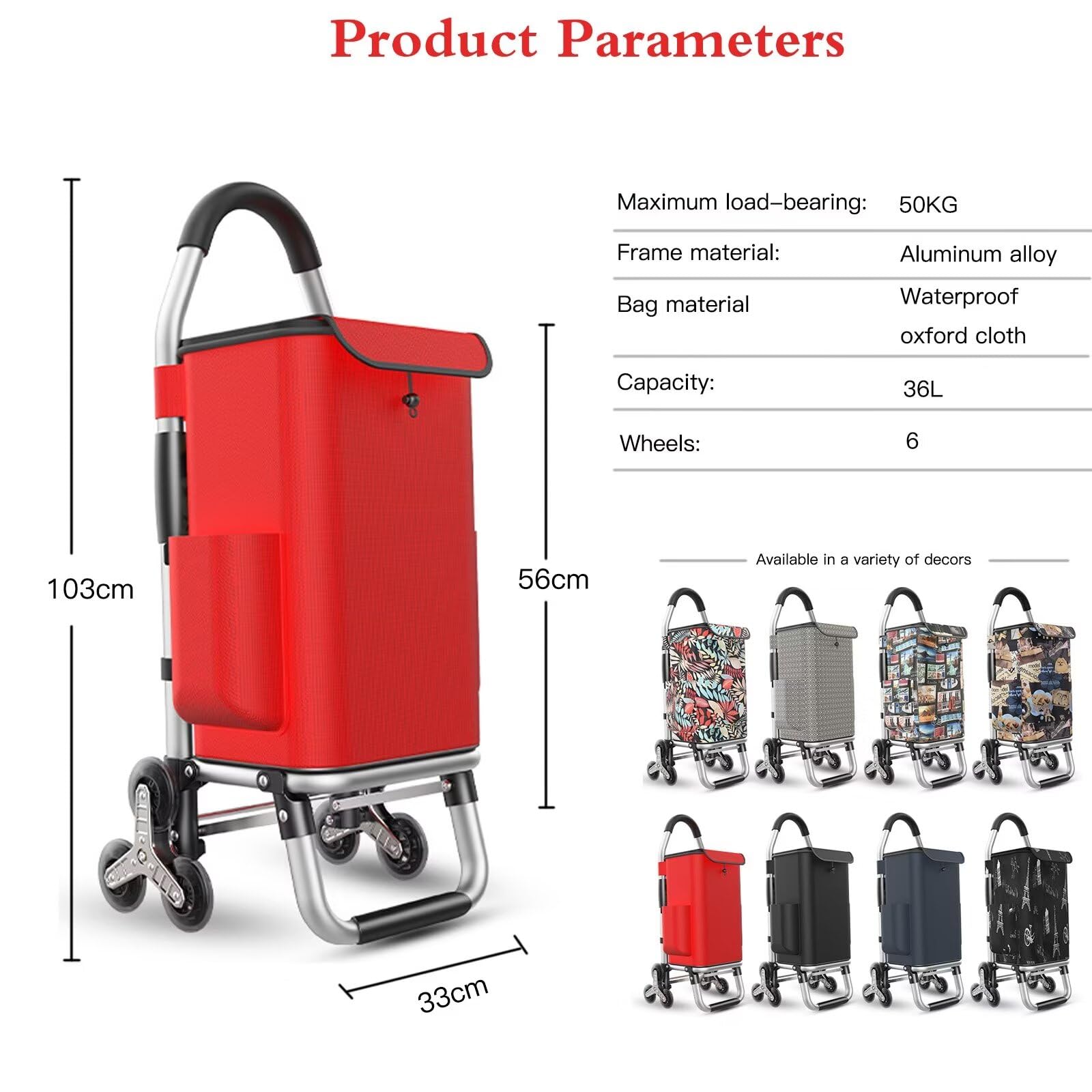 Carrello per la spesa leggero con 6 ruote, per salire le scale, pieghevole, con tasche laterali