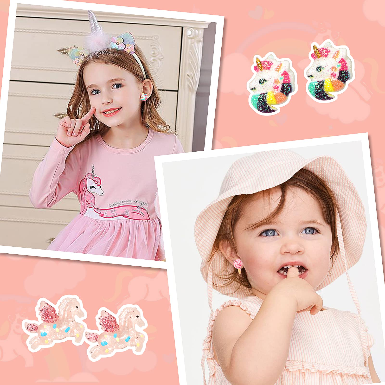 HIFOT 12 Paia Orecchini Clip per Razazza, Carini Unicorno Orecchini senza buco design Principessa Giocare a Orecchini Set Gioielli Vestire Accessori per Bambini