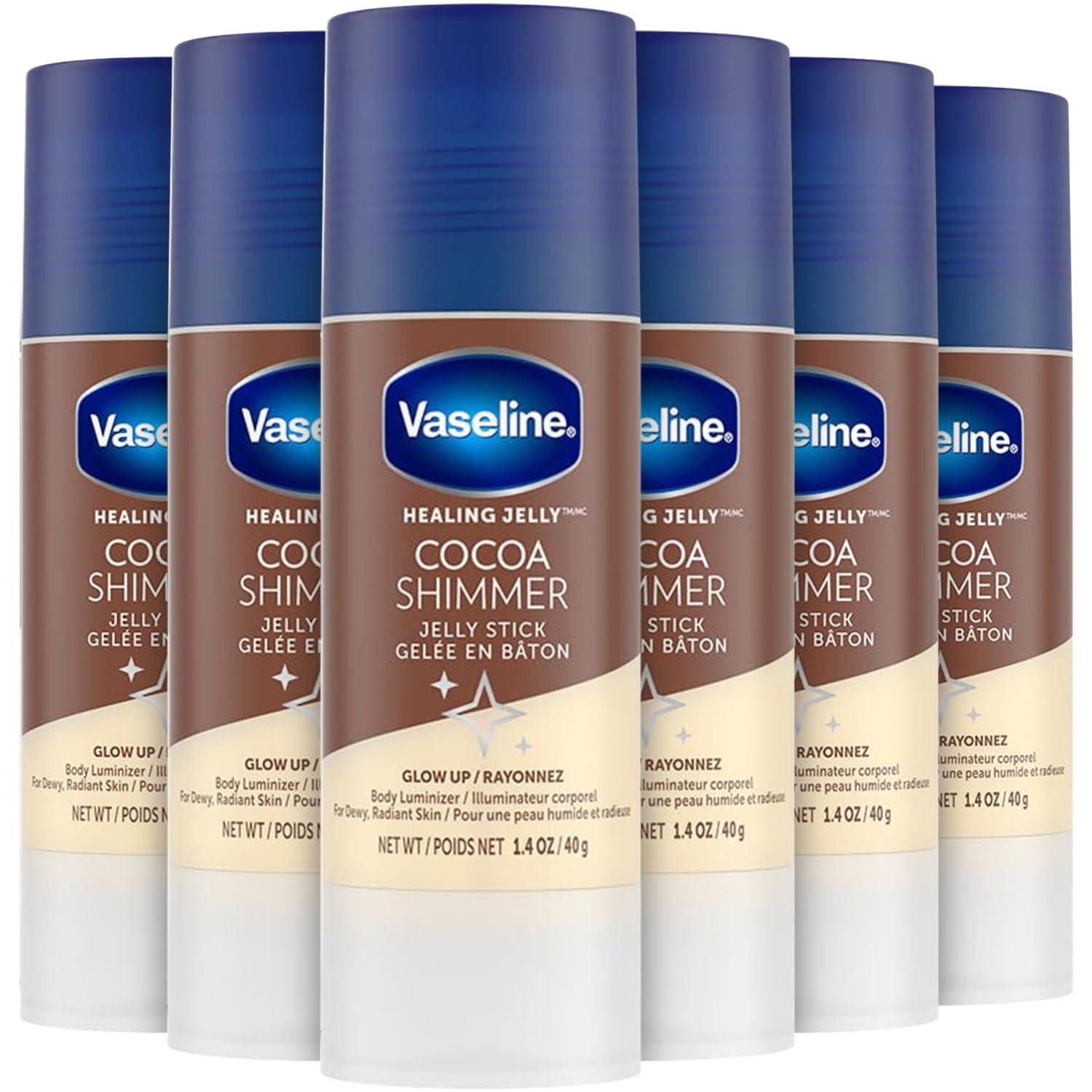 VaselineCocoa Shimmer Jelly Stick Highlighter & Luminizer Cocoa Butter Body Shimmer Stick, Lotion, Travel Size, for Glowing Skin, 1.4 Oz Ea (Pack of 6)