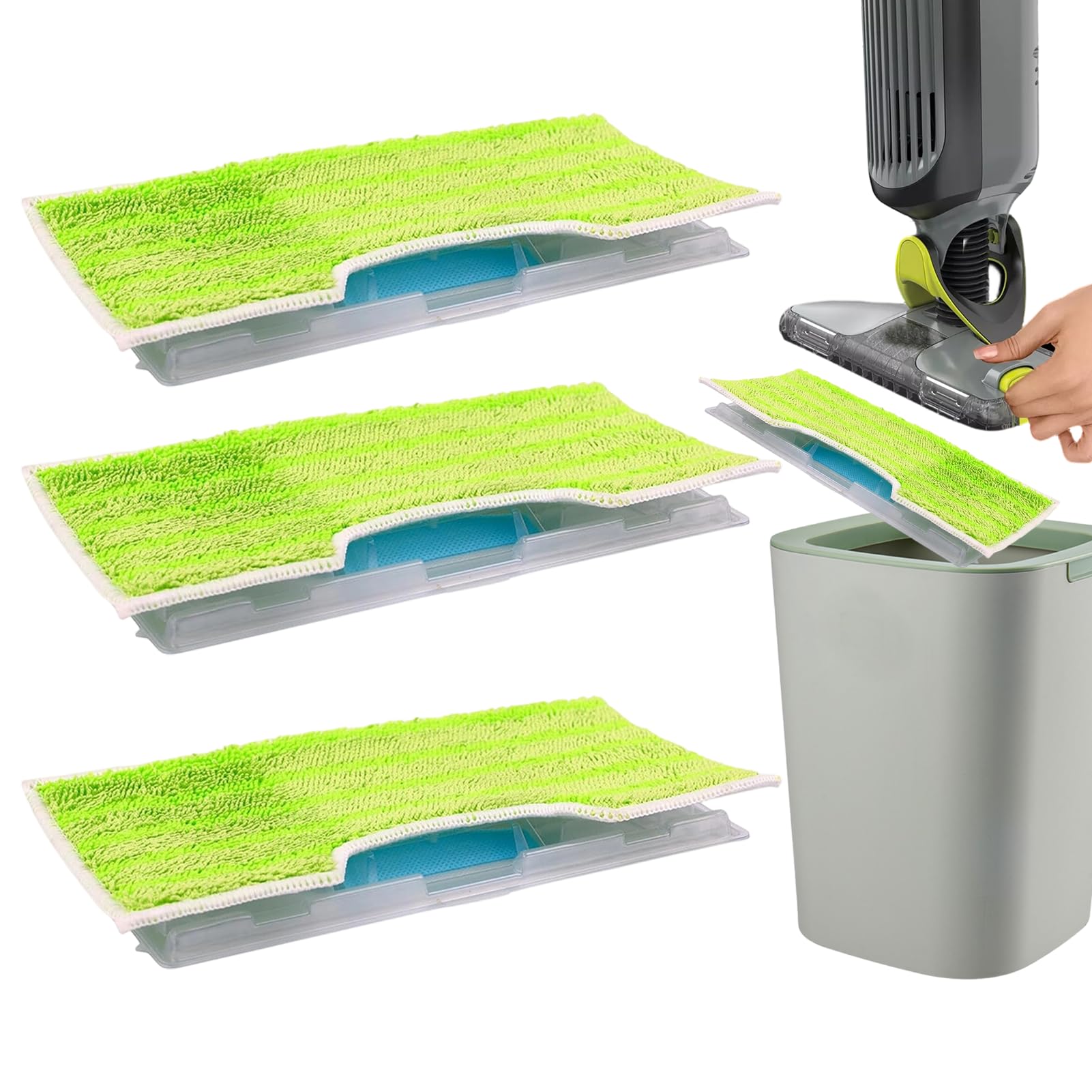 Refills for Shark VacMop Pads, Reusable Pads for Shark Vac Mop, Multi-Surface Floor Cleaning Solution with 6-Piece Set Including 3 Green Refills and 3 Dirt Chambers for Hardwood