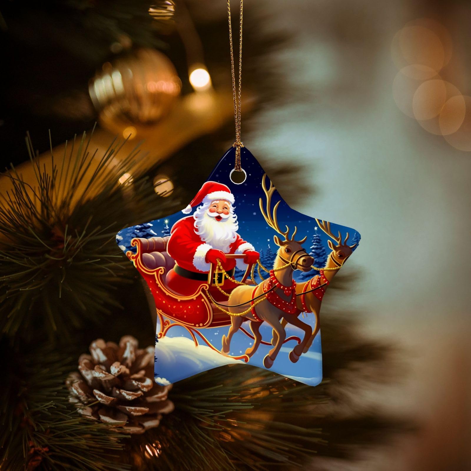 Christmas Tree Ornaments Ceramics Christmas Decorations Santa on Sleigh Ornaments with Gold Ribbon Porcelain Xmas Tree Crafts Star Shape Hanging Pendant for Christmas Tree Party Decor