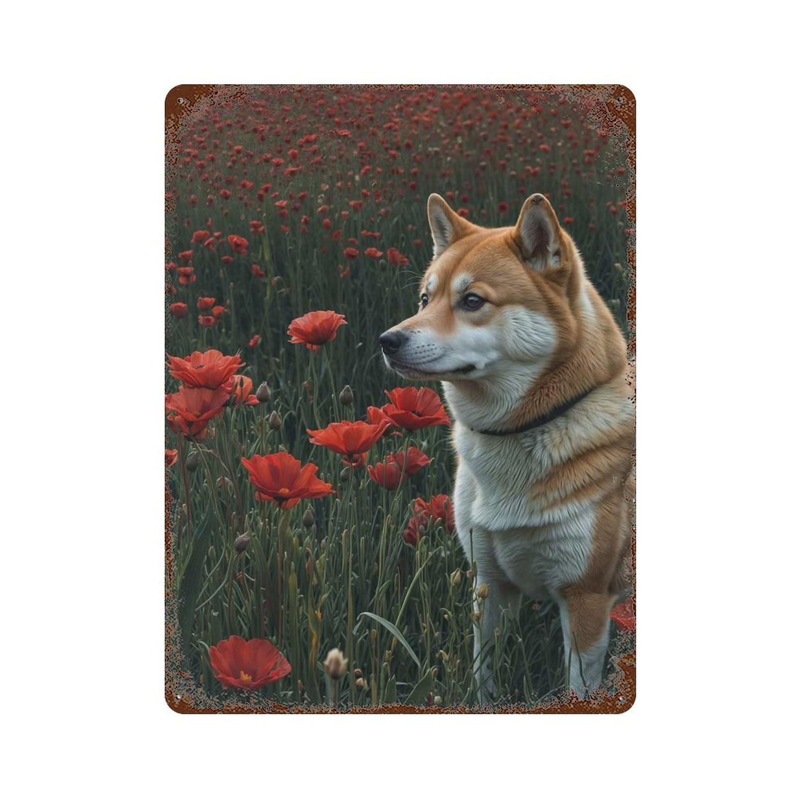 Garage Style Shiba Inu in Poppy Field Vintage Rust Metal Sign 15.7"x11.8", Industrial Home Decor for Bar And Workshop