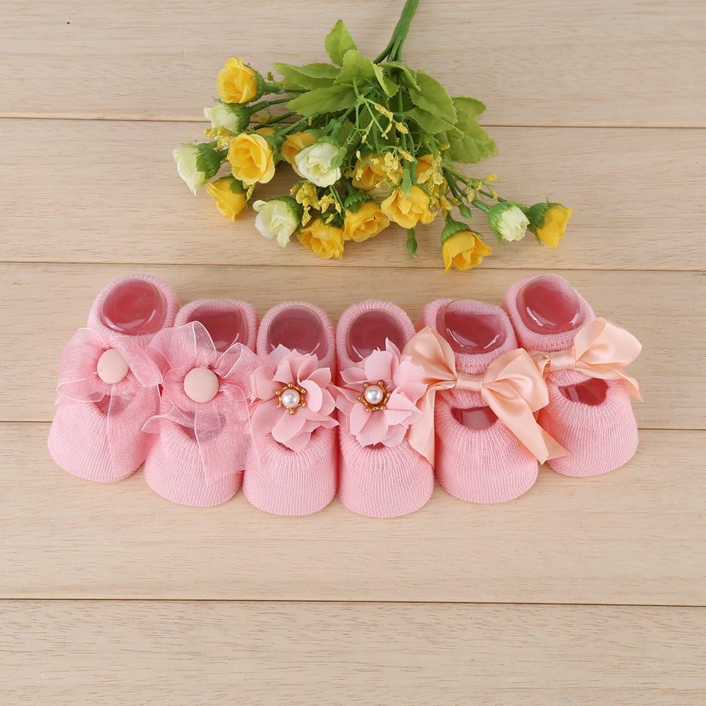 Baby Non-Slip Socks, Soft Breathable Cotton Machine Washable, Infant Floor Socks with Bow Flower Lace Design for Baby Toddler Crawling Walking Indoor Use - Image 2