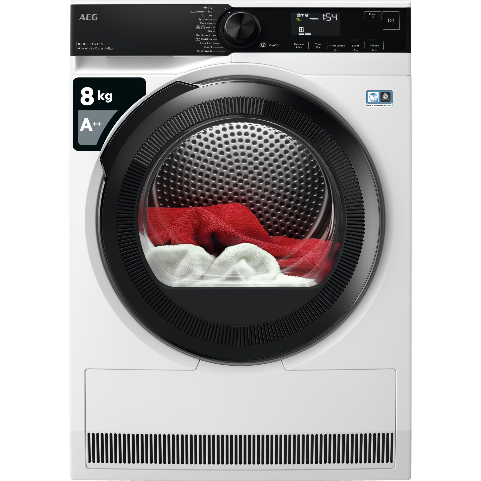 AEG 8000 Series Freestanding Heat Pump Tumble Dryer TR848P4B, AbsoluteCare Freestanding Heat Pump Tumble Dryer with Low Energy Consumption, WiFi Connected, 8kg Load, Energy Class A++, White [Energy Class A++]