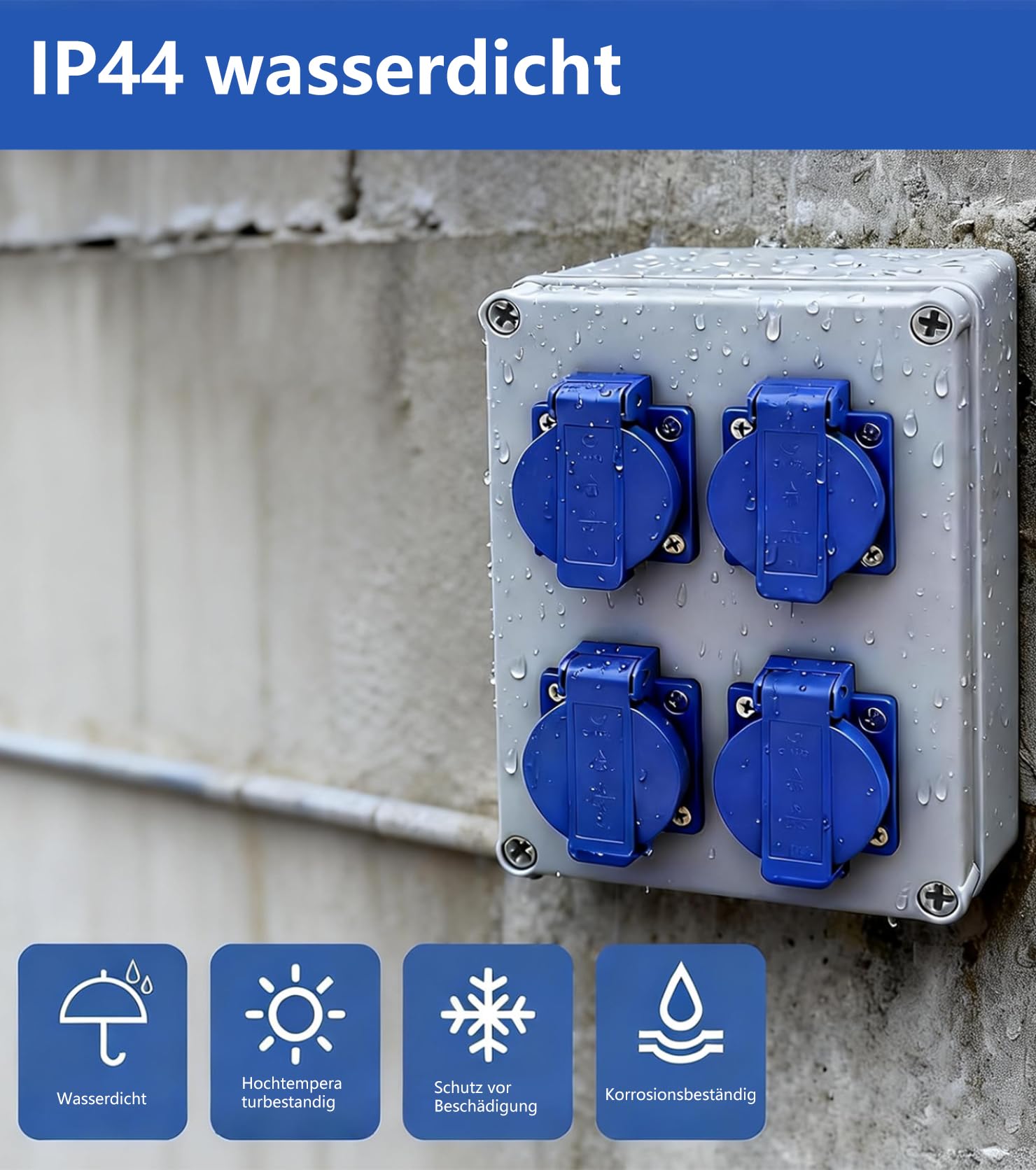 Distribuidor de pared para construcción, con 4 enchufes de 230 V 16 A, enchufe Schuko, IP44 para obras, hogares, industria, interior y exterior