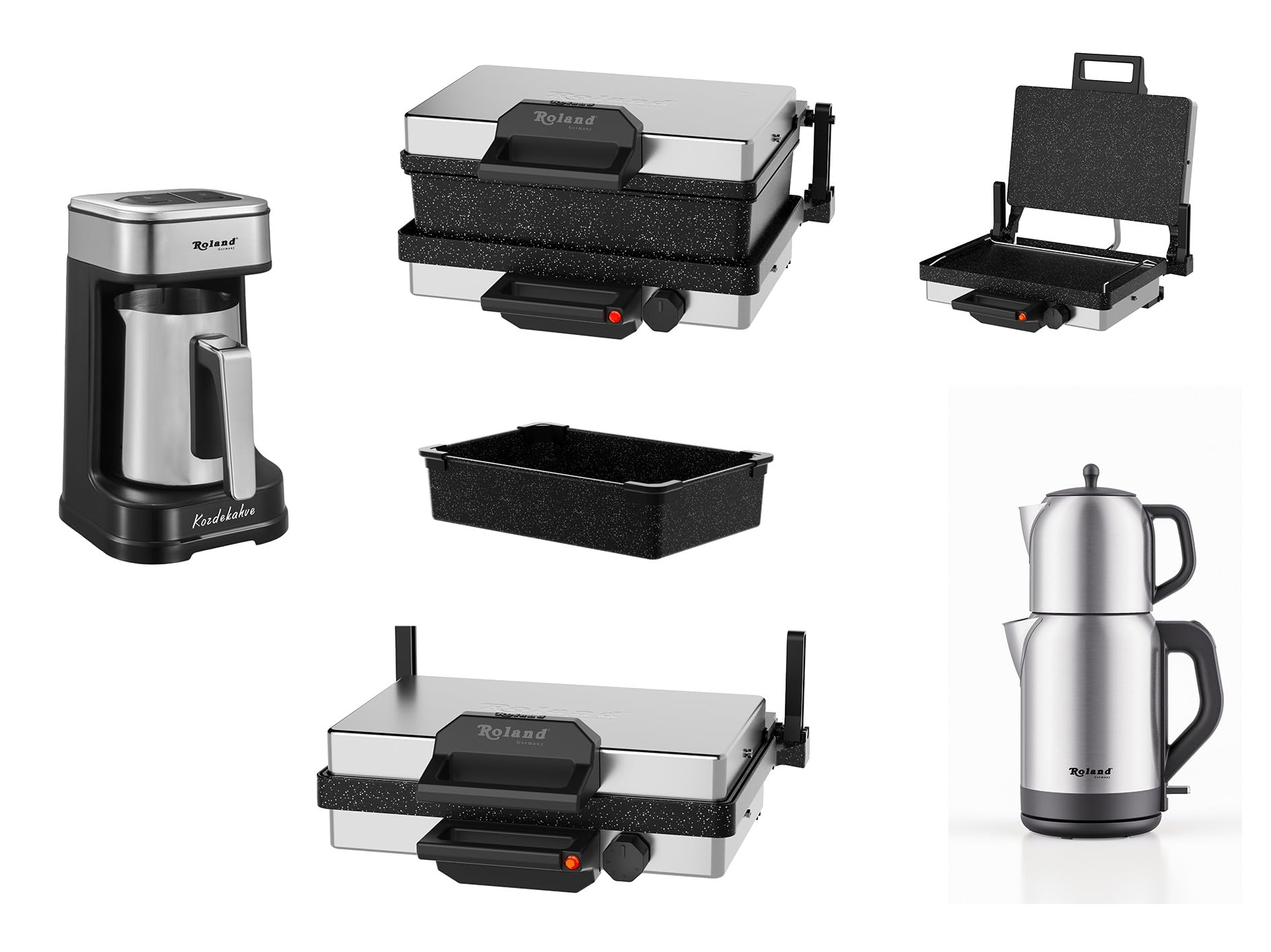 Roland Germany Multigrill, 2000W Elektro-Kontaktgrill, Schwarz, 340x220mm Grillplatten, 5-Stufen Temperaturregelung, für Lahmacun, Fleisch, Toast und Gemüse (1, 4 in 1)