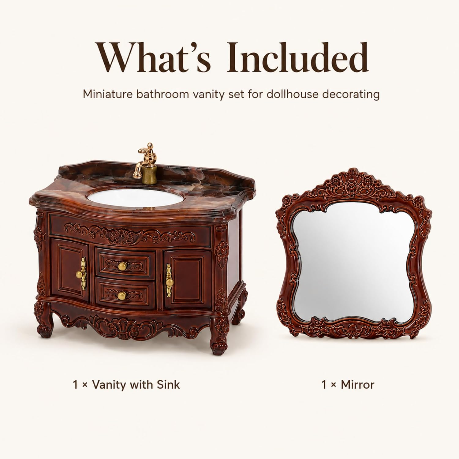 jojofuny Miniature Dollhouse Bathroom Vanity with Mirror, Antique Style Mini Sink Cabinet, Vintage Brown Dollhouse Furniture for Diorama, Miniature Scene, Collector Display
