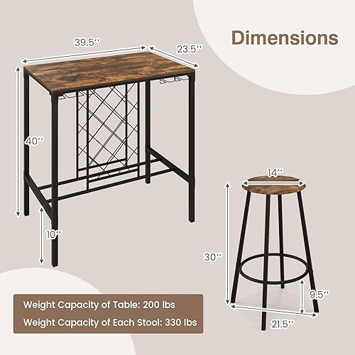 Miniatura 7 de COSTWAY Juego de comedor de 5 piezas de altura de barra, mesa y taburetes para 4 personas con estantes para vino y soportes para vidrio, juego de