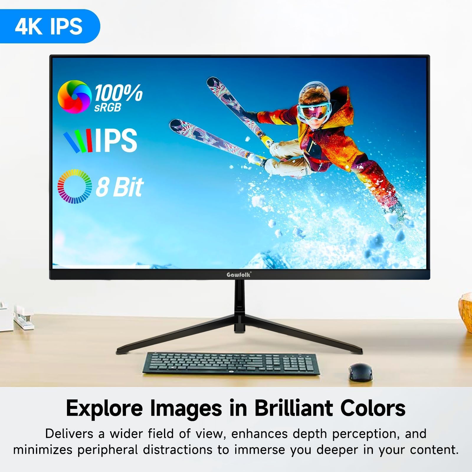 Gawfolk Monitor 27 Pollici 4K Ultra HD, IPS 3840x2160, 60Hz, Design Senza Bordi, per Home Office e Business, Connettività DP/HDMI, Montaggio VESA 75x75mm