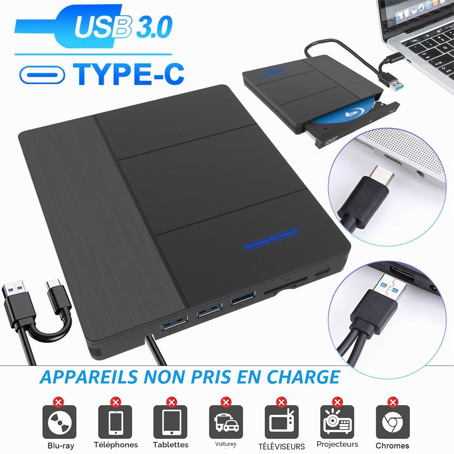 7 en1 Lecteur Blu-Ray Externe - Lecteur Graveur Blu Ray avec USB 3.0 Type-C, DVD/BD Portable Externe Lecteur Blu Ray Externe, Graveur Optical Bluray Drive pour PC Windows 1110 8 7 XP