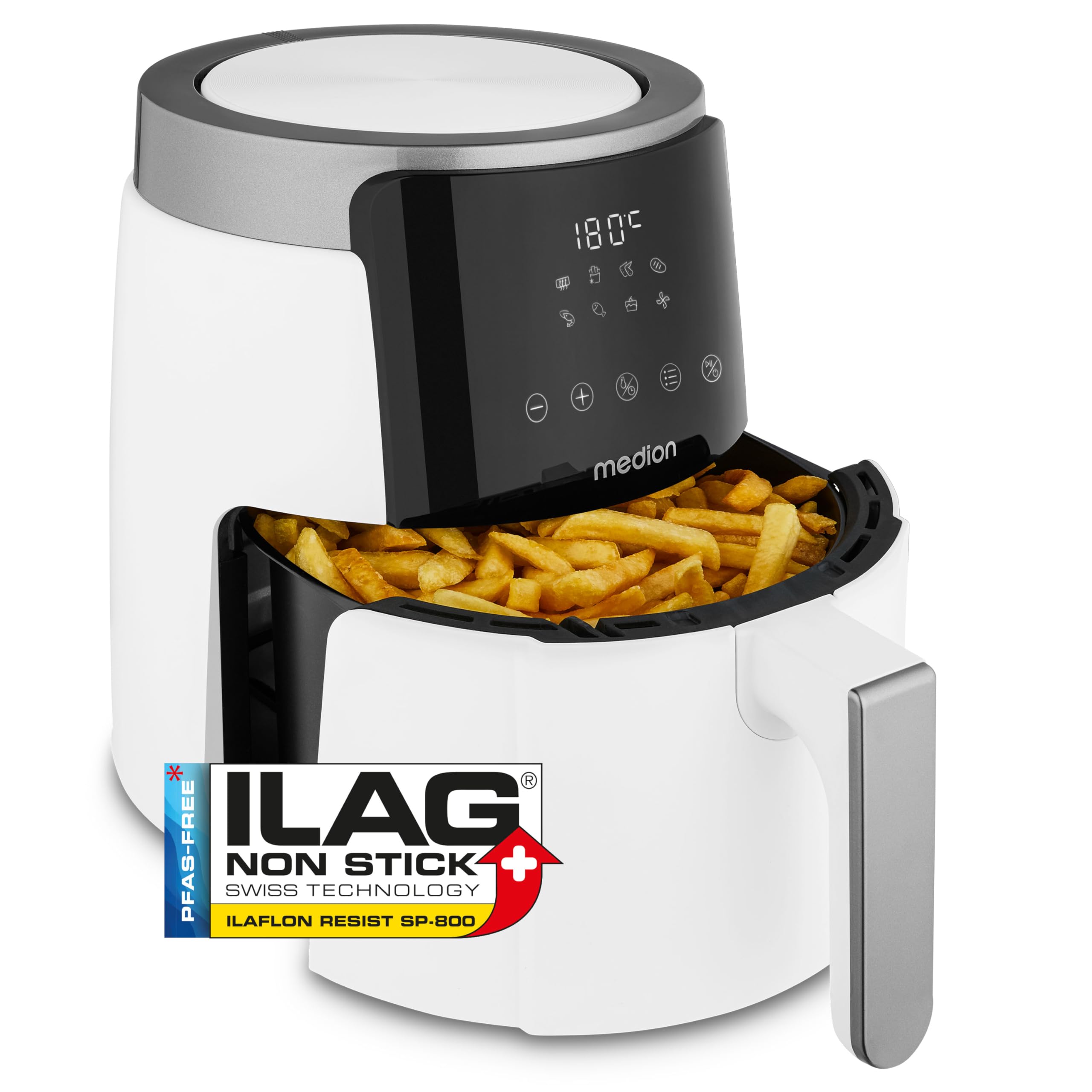 MEDION Friggitrice ad aria calda P40 L (4,7 litri, 1500 watt, funzionamento semplice, frittura senza olio, timer 60 minuti, fino a 200° C, rivestimento antiaderente, MD13030) bianco