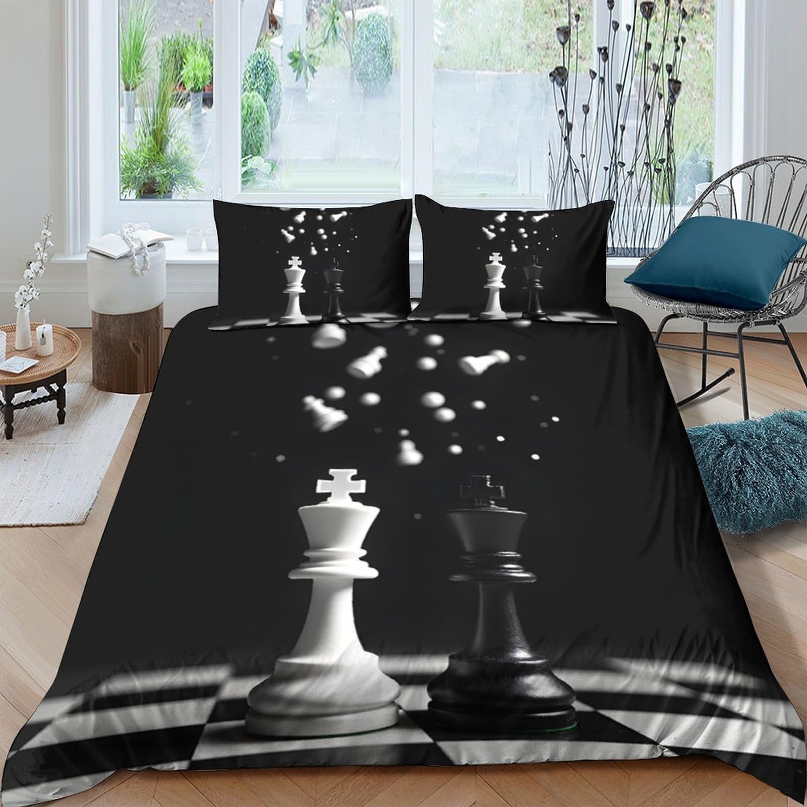 Ctjqhvkz Style-1 3D Printed Chess Battle Fitted Sheet Microfiber Soft Black White King Queen Bed Cover For Bedroom Guest Room Mattress Protection Single（135X200cm）