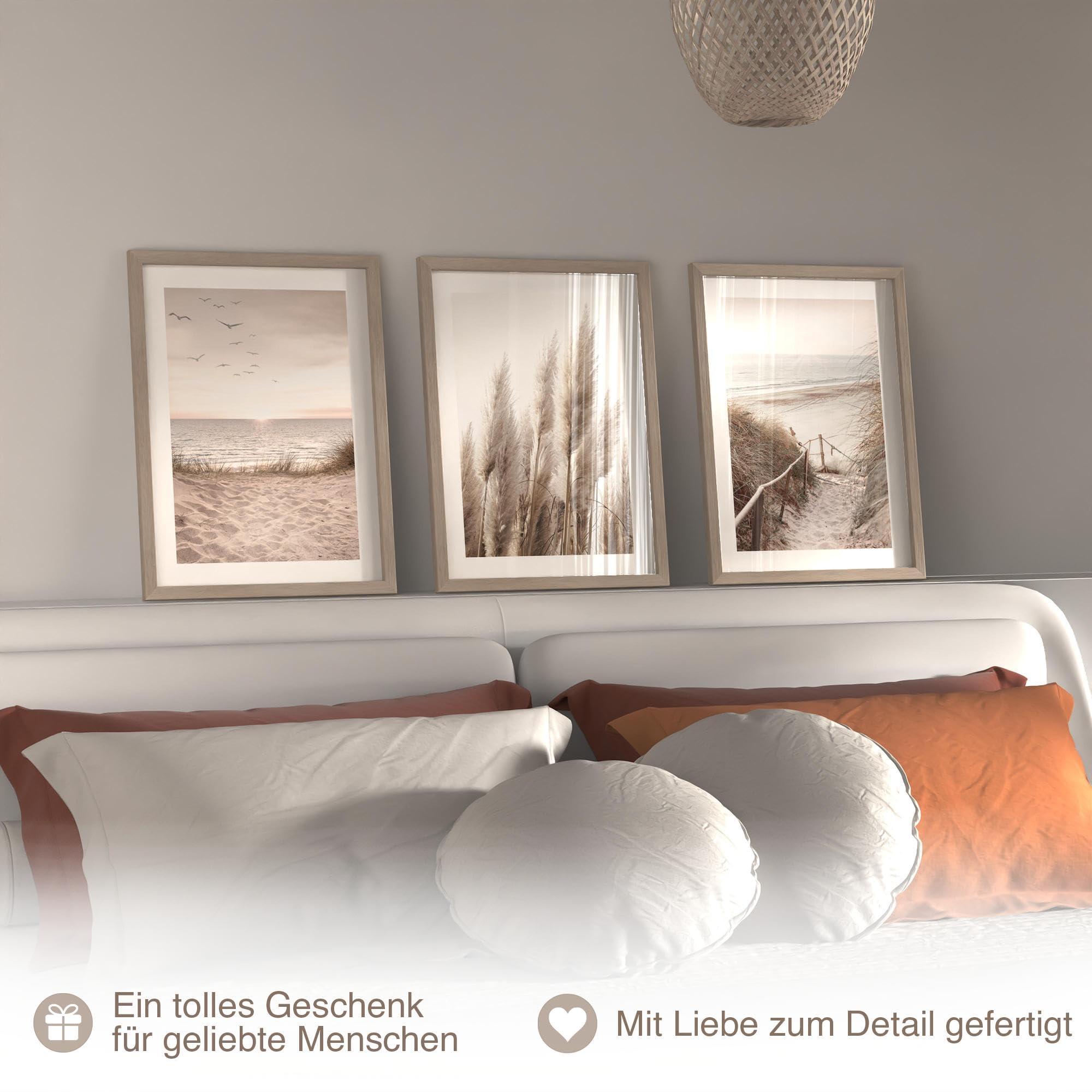 Novart Wandbilder Boho - mit Rahmen - Wohnzimmer Schlafzimmer Wanddeko - 3 Bilder Set Beige - N103935aR1
