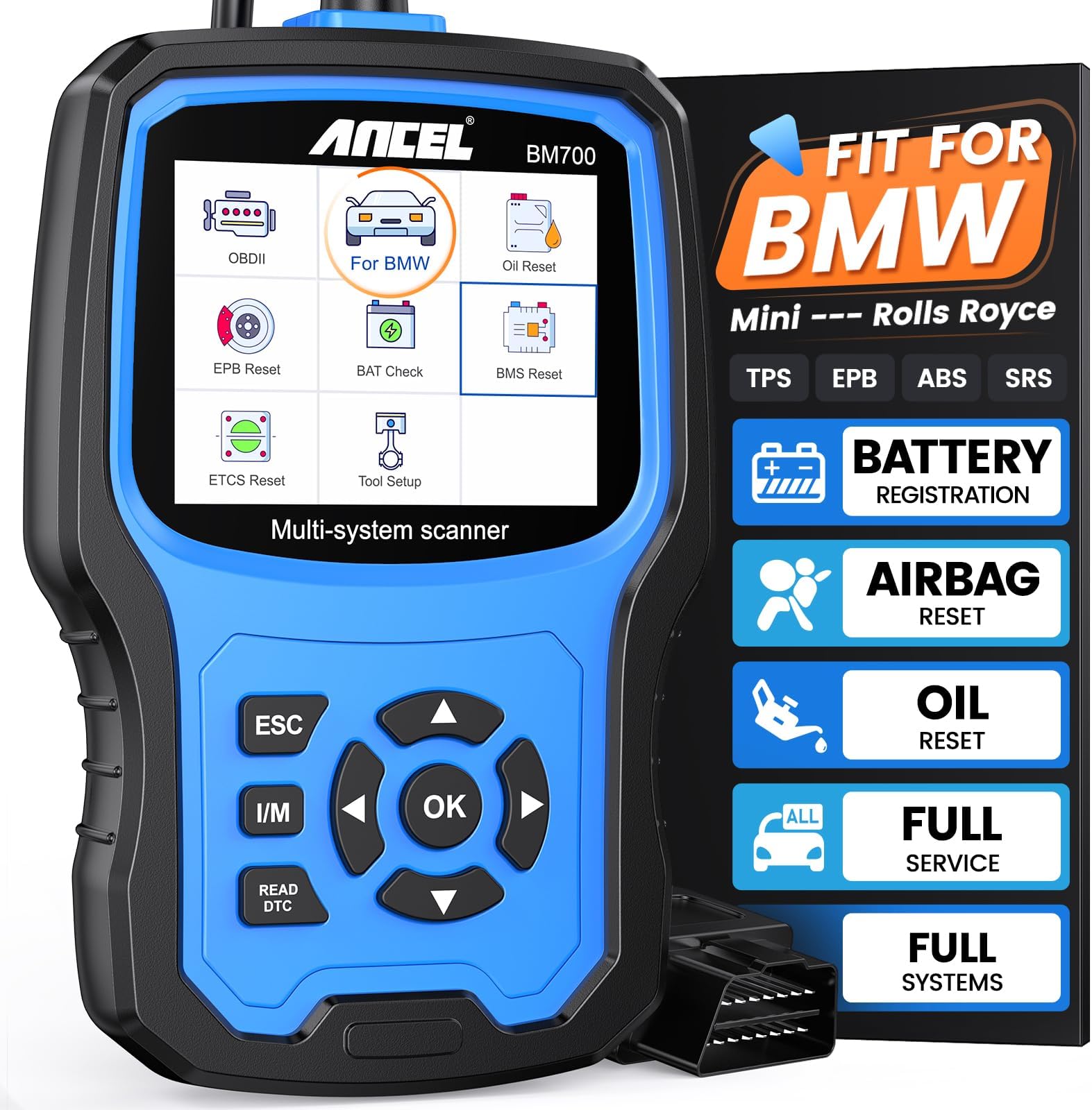 ANCEL BM700 Battery Registration Tool Fits for BMW Mini, Full System OBD2 Diagnostic Scan Tool CBS SRS EPB SAS BMS EGS DPF Airbag Reset Car Engine Code Reader Scanner Injector Coding Oil Reset