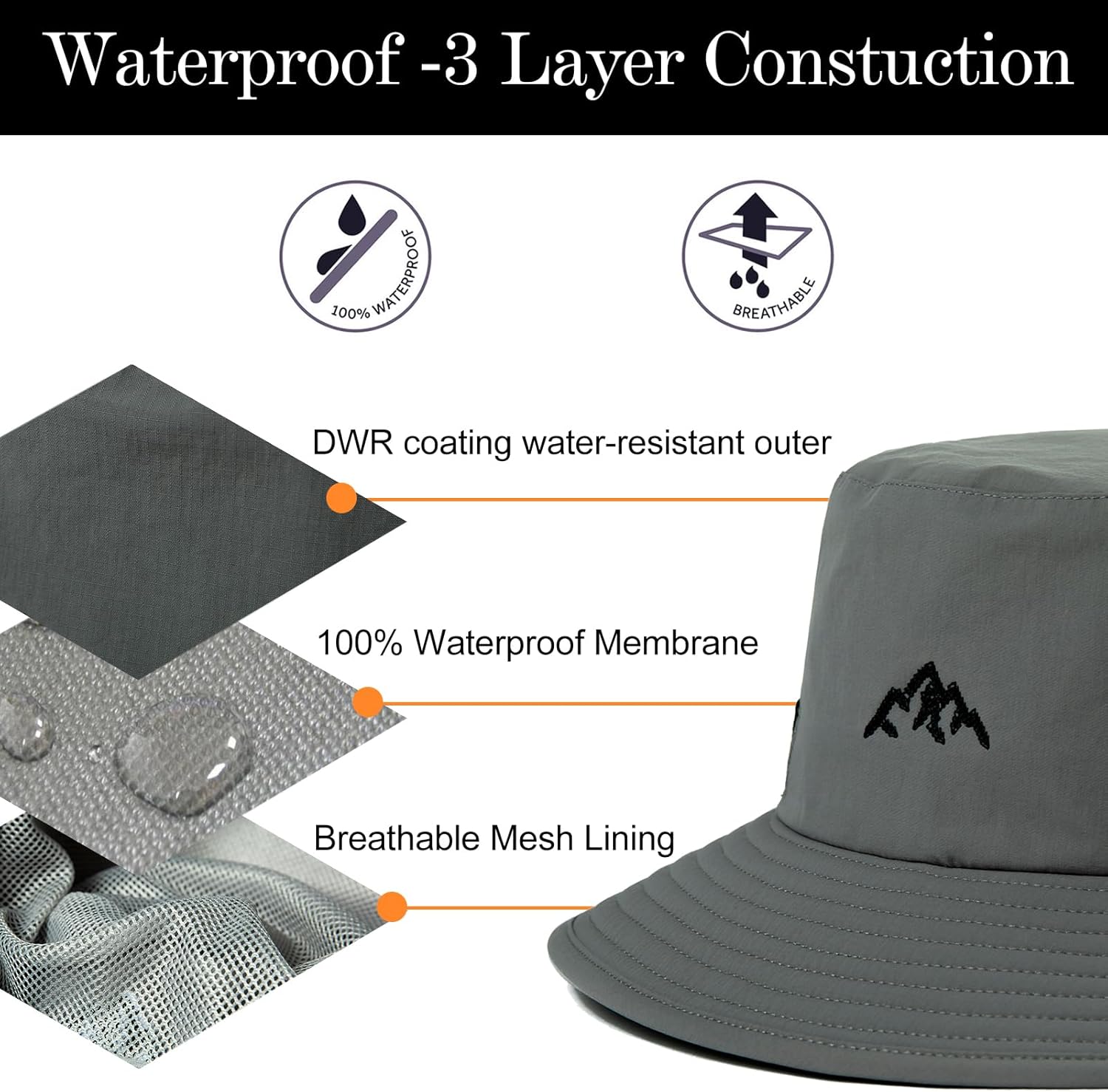 TOP-EX L/XL/XXL UV50+ Waterproof Bucket Sun Hat for Fishing Golf Hiking All-Weather Outdoor Rain Hat Stiff Brim - Image 5