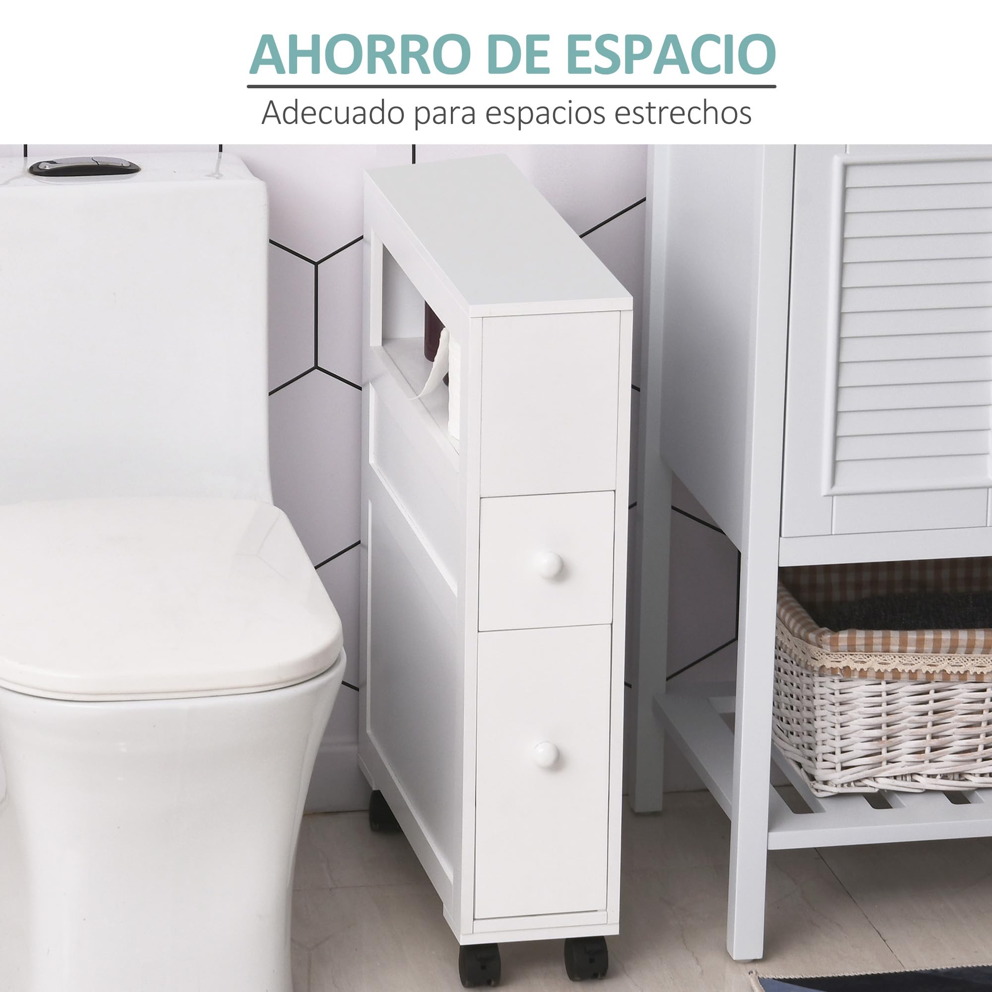 HOMCOM Armario de Baño con Ruedas Mueble de Baño Estrecho con 2 Cajones y Estante de Almacenamiento Carga 20 kg 16x52x71,5 cm Blanco