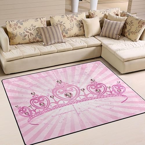 ALAZA Alfombra de área rosa con corona de princesa para sala de estar, dormitorio, alfombra antideslizante para decoración del hogar, 5.3 x 4 pies