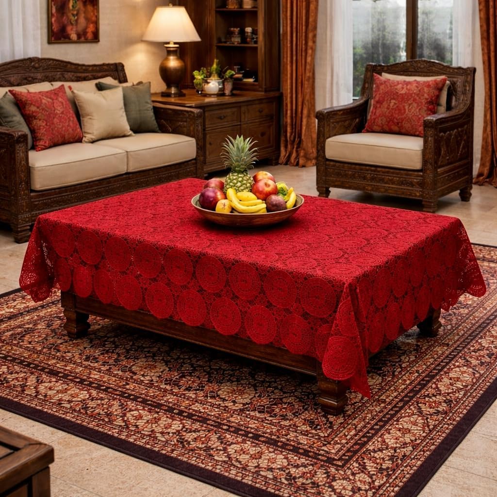 STITCHNEST Cotton Net Table Cover for 2–4 Seater Dining Table | Decorative Lace Design | |40x60 Inch Rectangular Center Table Cloth | Red | Pack of 1
