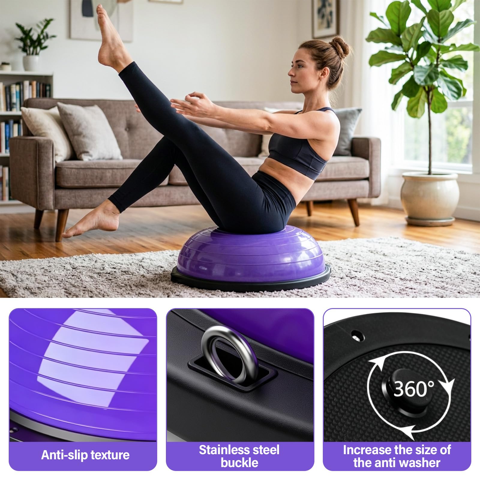 Balón de equilibrio, entrenamiento de equilibrio de yoga, soporta hasta 300 kg, media pelota de equilibrio con bomba y 2 bandas de fitness