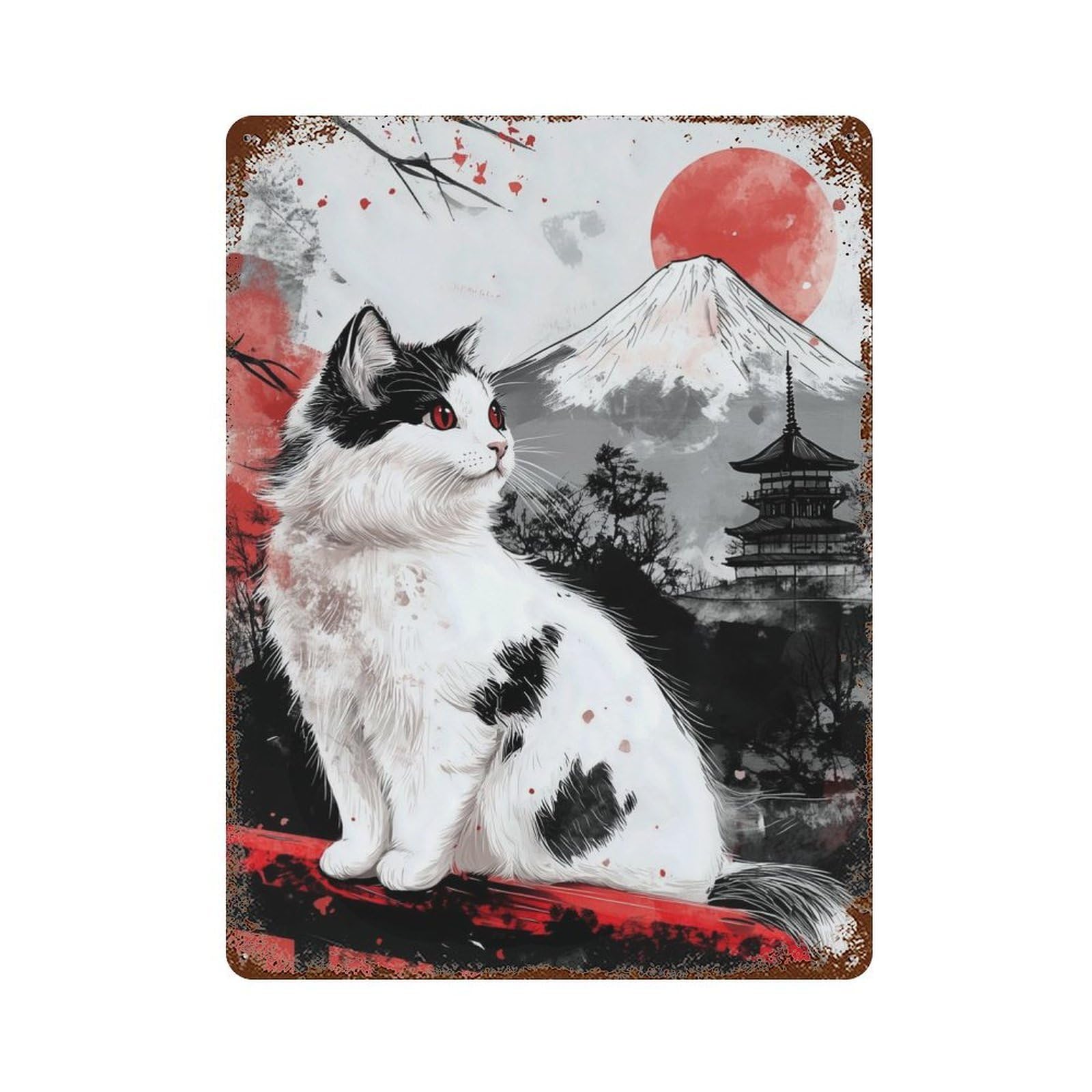 Japanese Cat Fuji Mountain Rust Effect Tin Sign 15.7"x11.8", Ideal for Cafe, Home Bar And Lounge Decor