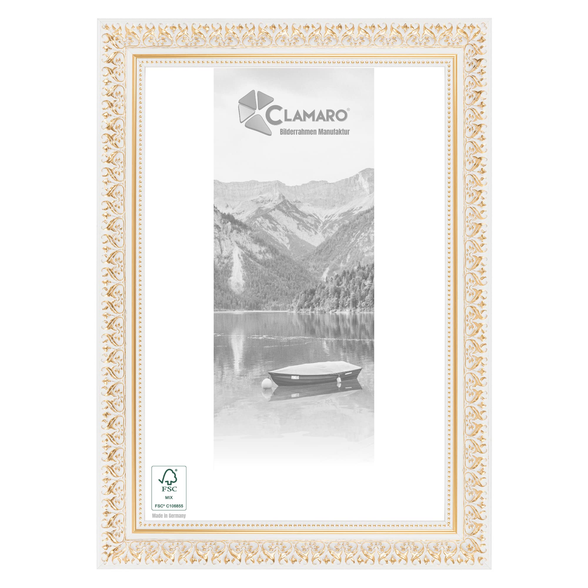 CLAMARO "Friedrich" ramka na zdjęcia w stylu antycznym 60 x 90 cm, lite drewno, kolor biały, złoty, shabby chic, vintage, barokowa, drewniana rama ze szkłem akrylowym, tylna ścianka, zawieszka (format
