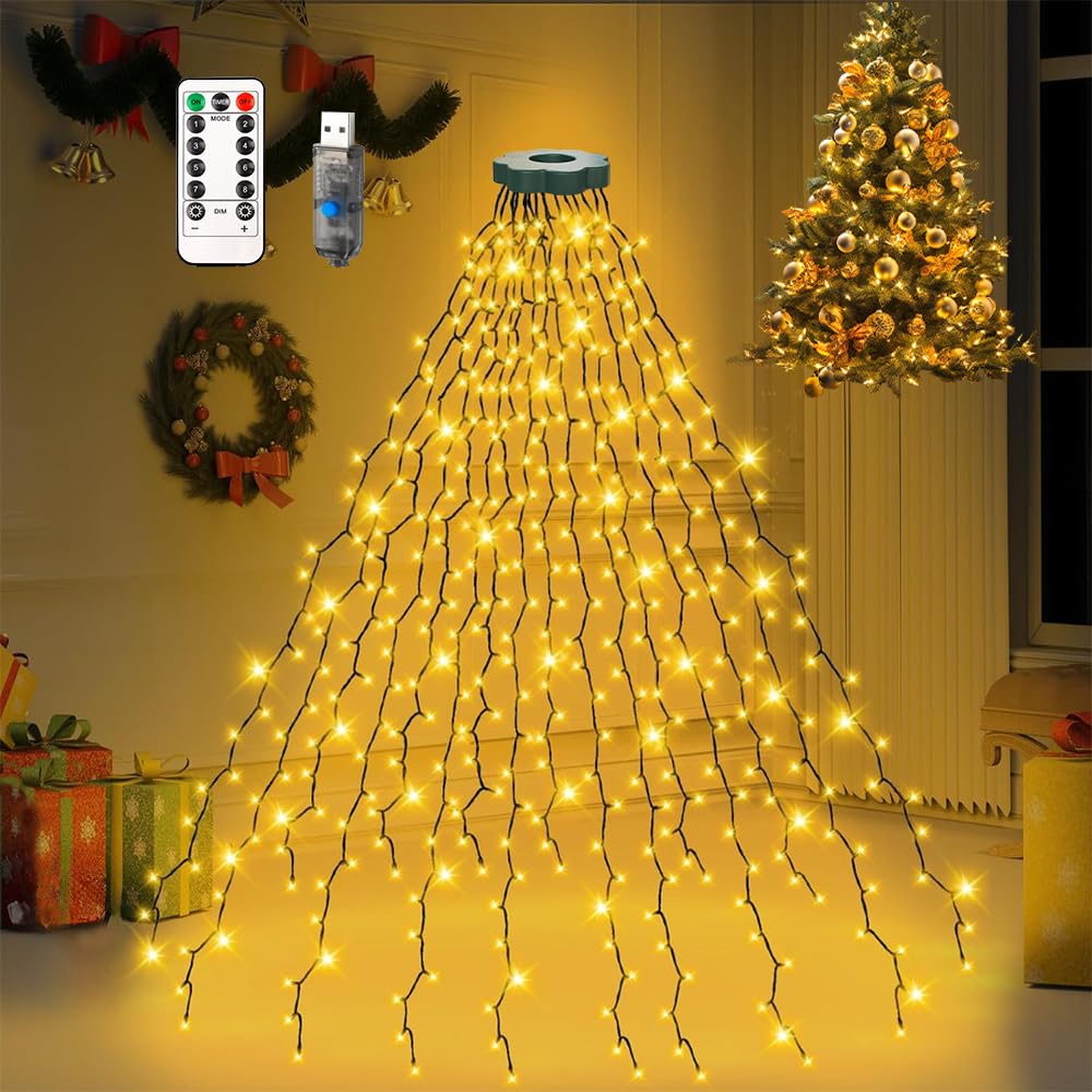 Guirlande lumineuse pour sapin de Noël 280LED 2M×8 Guirlande Fil Cuivre 8 Modes Étanchéité IP44 Guirlande pour Lumière D'arbre de Noël, pour 1.5-2.4M Guirlande lumineuse