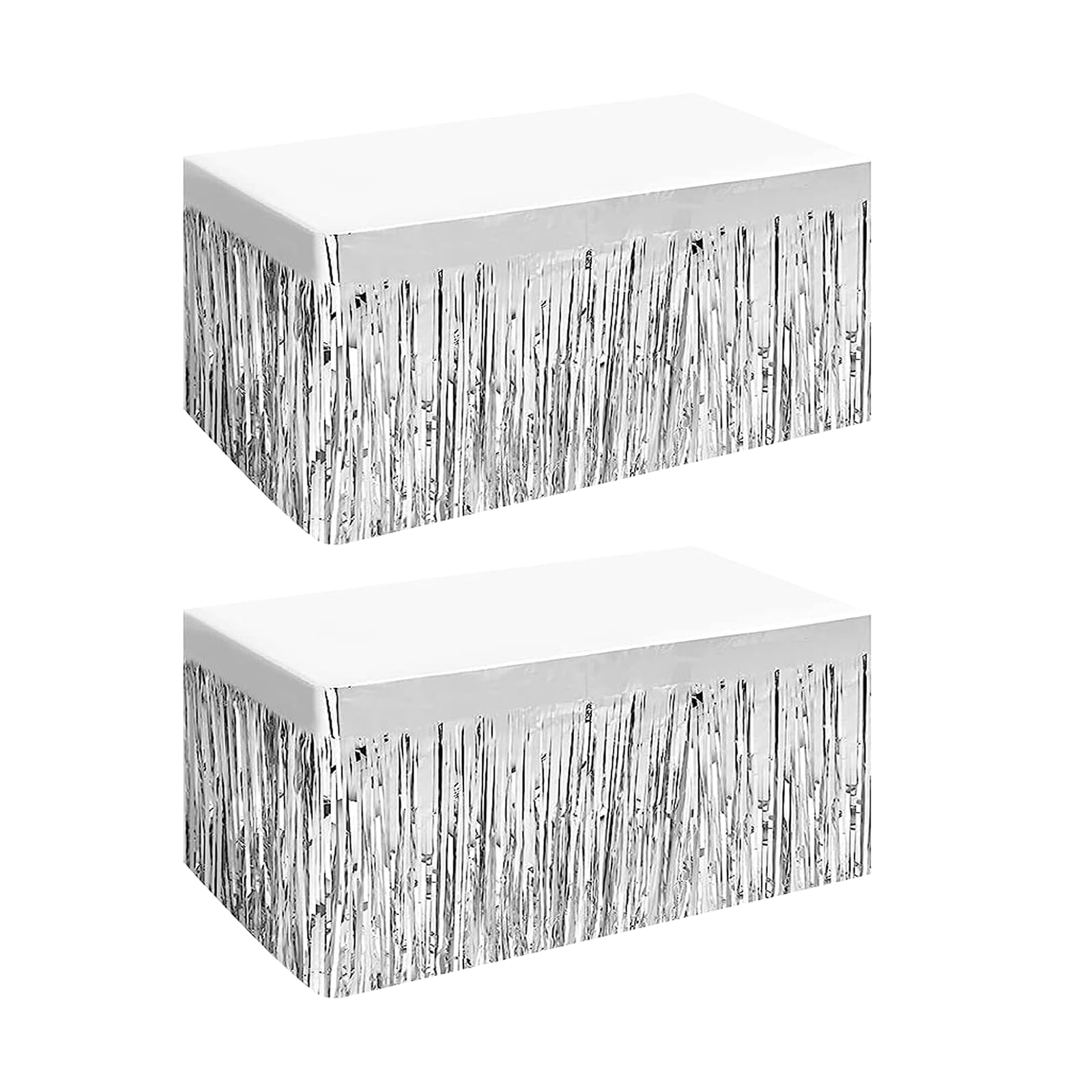 2 Pack 29.5x108 Inch Metallic Foil Fringe Tinsel Table Skirts for Rectangle Tables Party Table Skirt for Wedding, Birthday,Party Decorations(Silver)