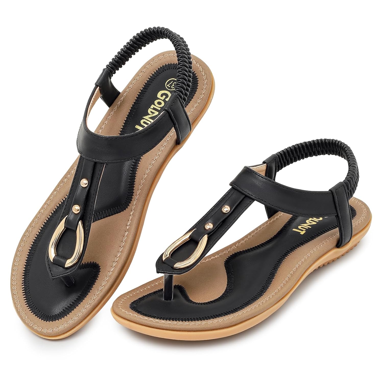 Womens Comfortable Flat Sandals Dressy - Summer T-Strap Thong Sandals with Elastic Ankle Strap Casual Walking Shoes for