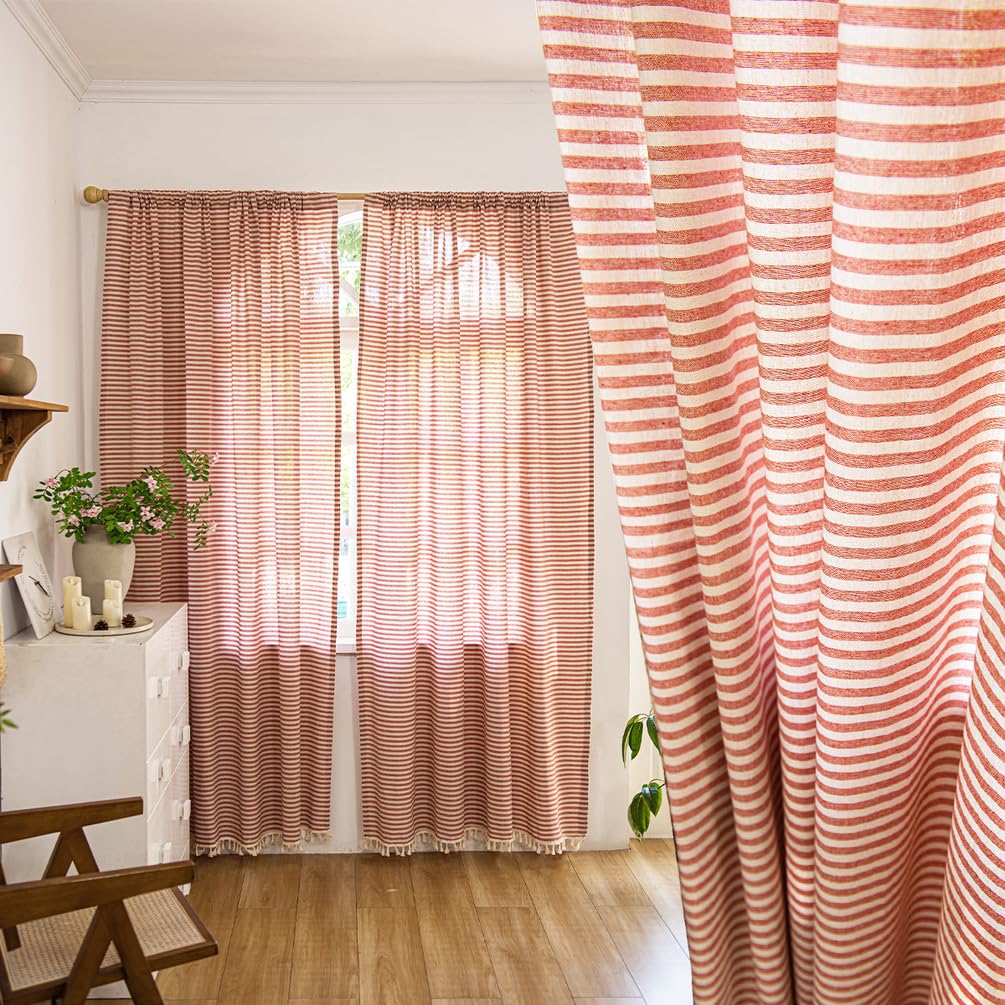 Rideau en coton et lin rose 150x220 cm avec passe-tringle pour salon