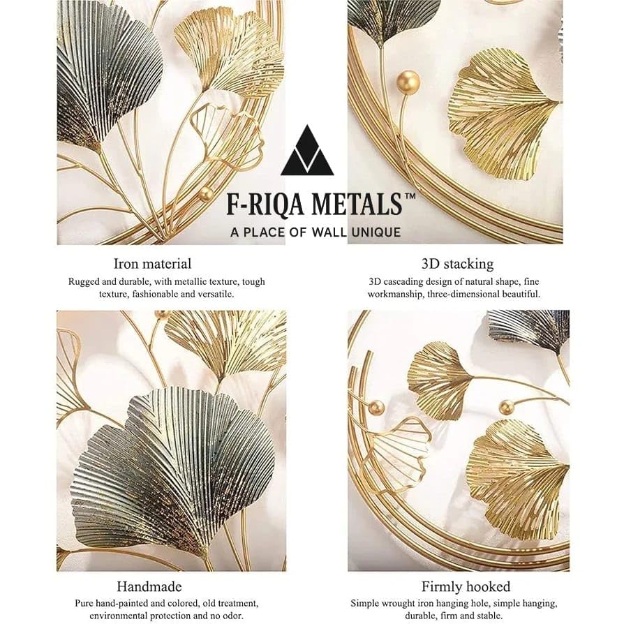 Image of F-RIQA METAL Luxury Half Moon 3D Metal Wall Art | Golden & Silver Leaf Design Wall Hanging | Modern Decorative Wall Sculpture for Living Room, Dining Room & Bedroom Decor