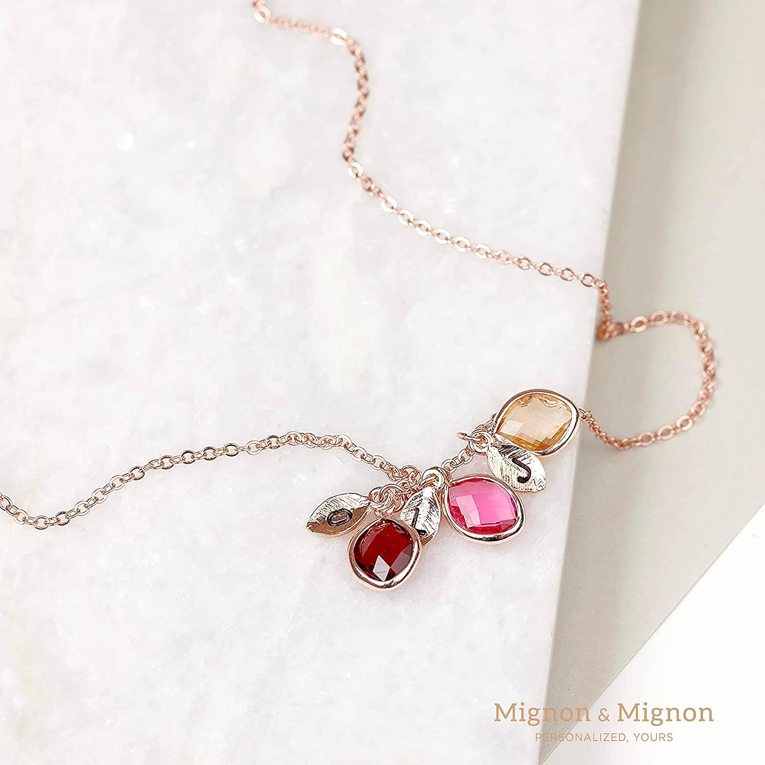 MignonandMignon Birthstone Necklace for Grandma, Personalized Initial Leaves Handmade Jewelry for Women, Custom Gift for Grandma